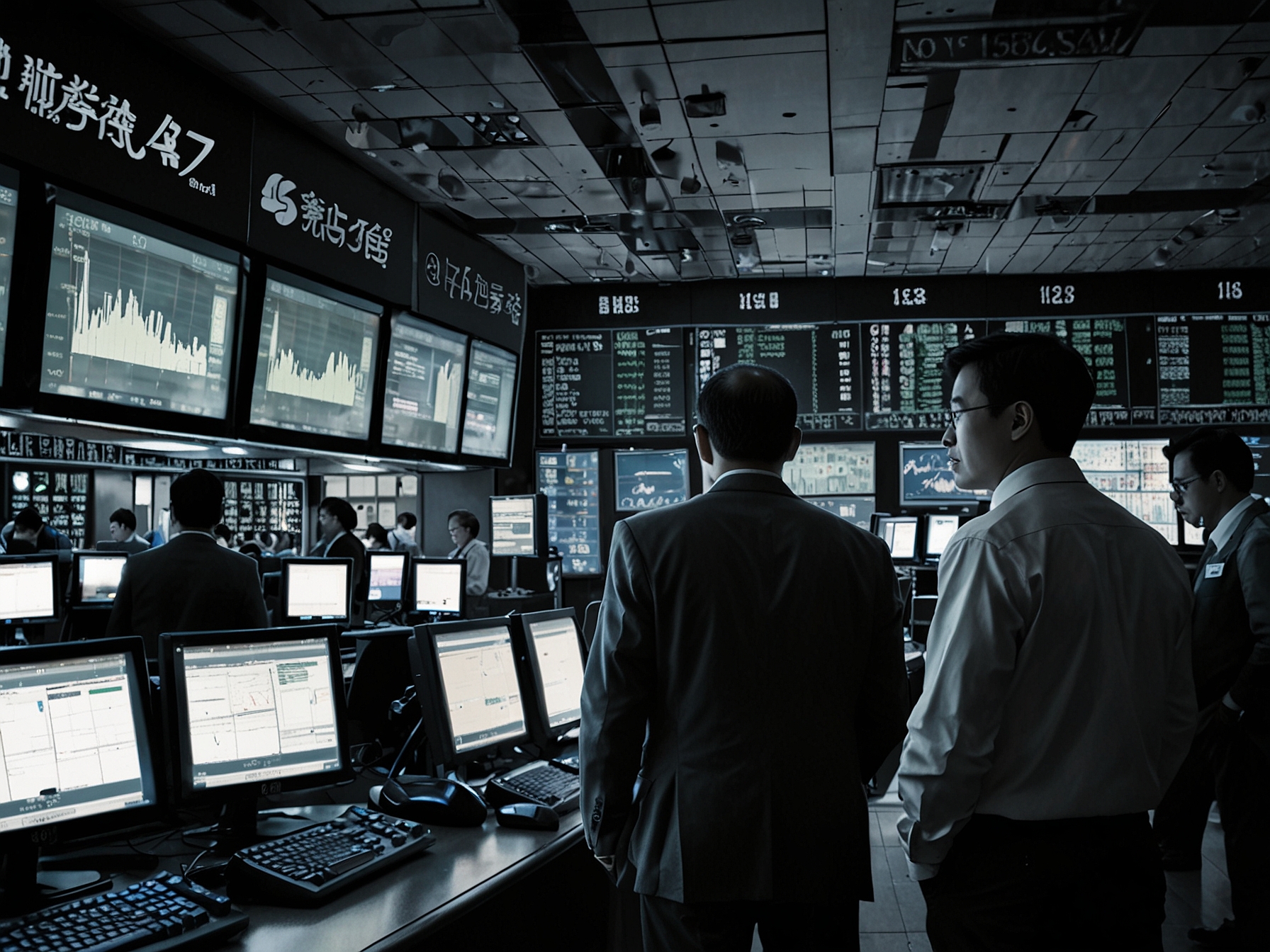 An illustration showing a bustling stock exchange with electronic boards displaying rising indices, symbolizing the optimistic trend in Asian stock markets following Wall Street's record high.