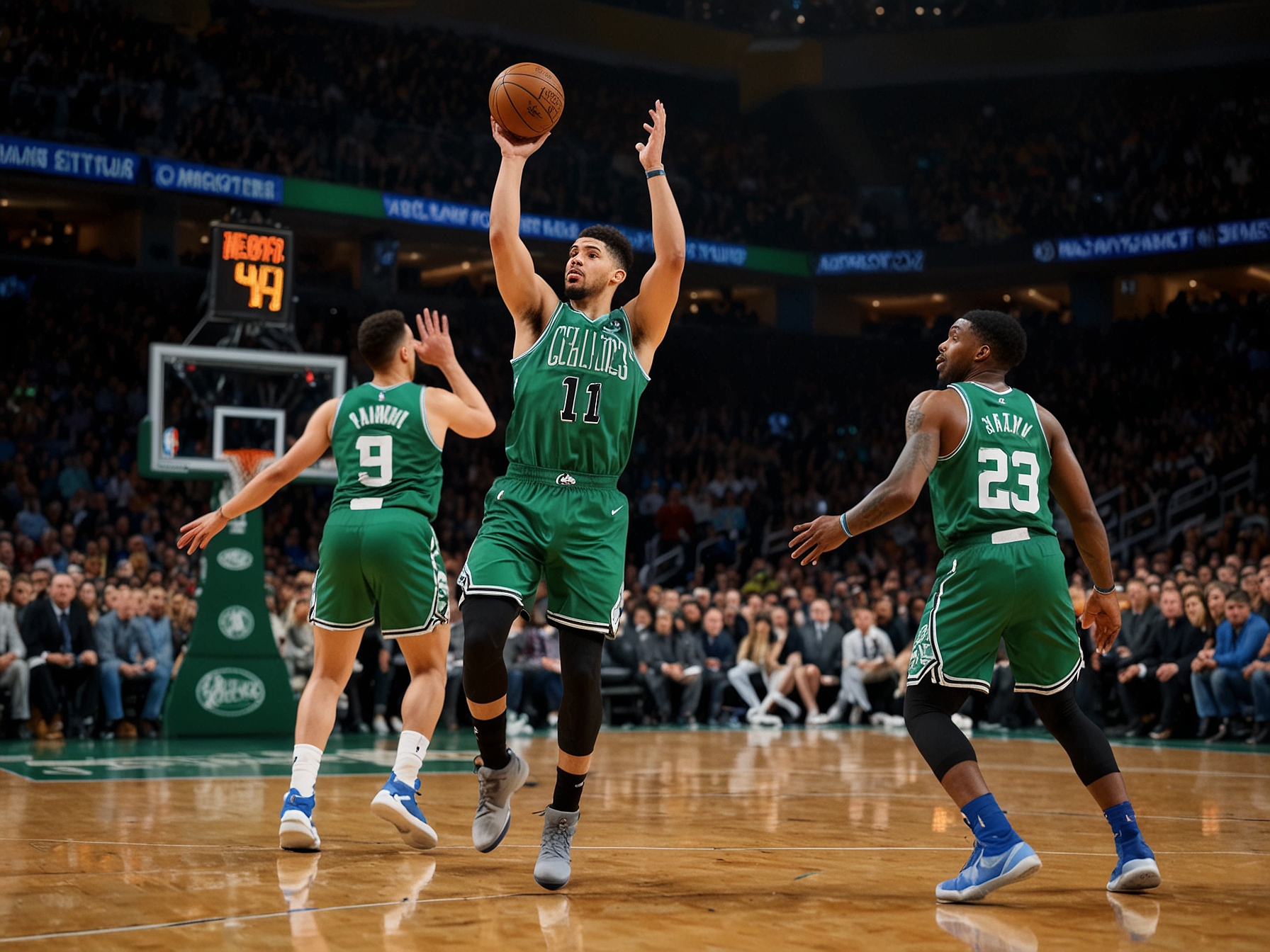 Jayson Tatum elevates for a three-pointer as Dallas Mavericks defenders scramble to contest the shot. The Celtics star led his team with sharp shooting in the decisive game five at TD Garden.