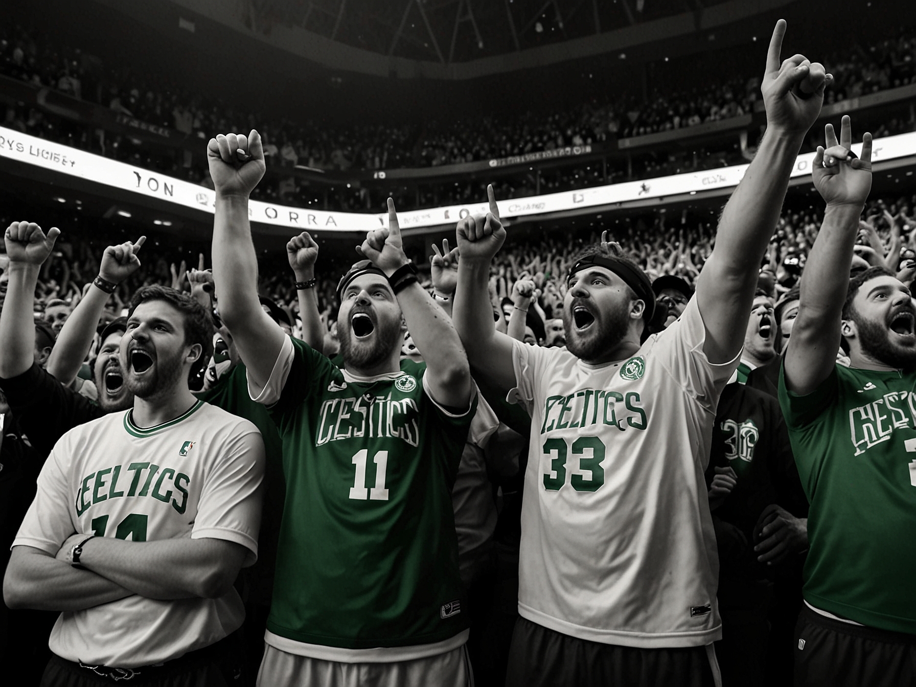 Celtics fans at TD Garden erupt in celebration as their team secures the 18th championship title. The arena was filled with excitement and pride, making it an unforgettable night for Boston supporters.