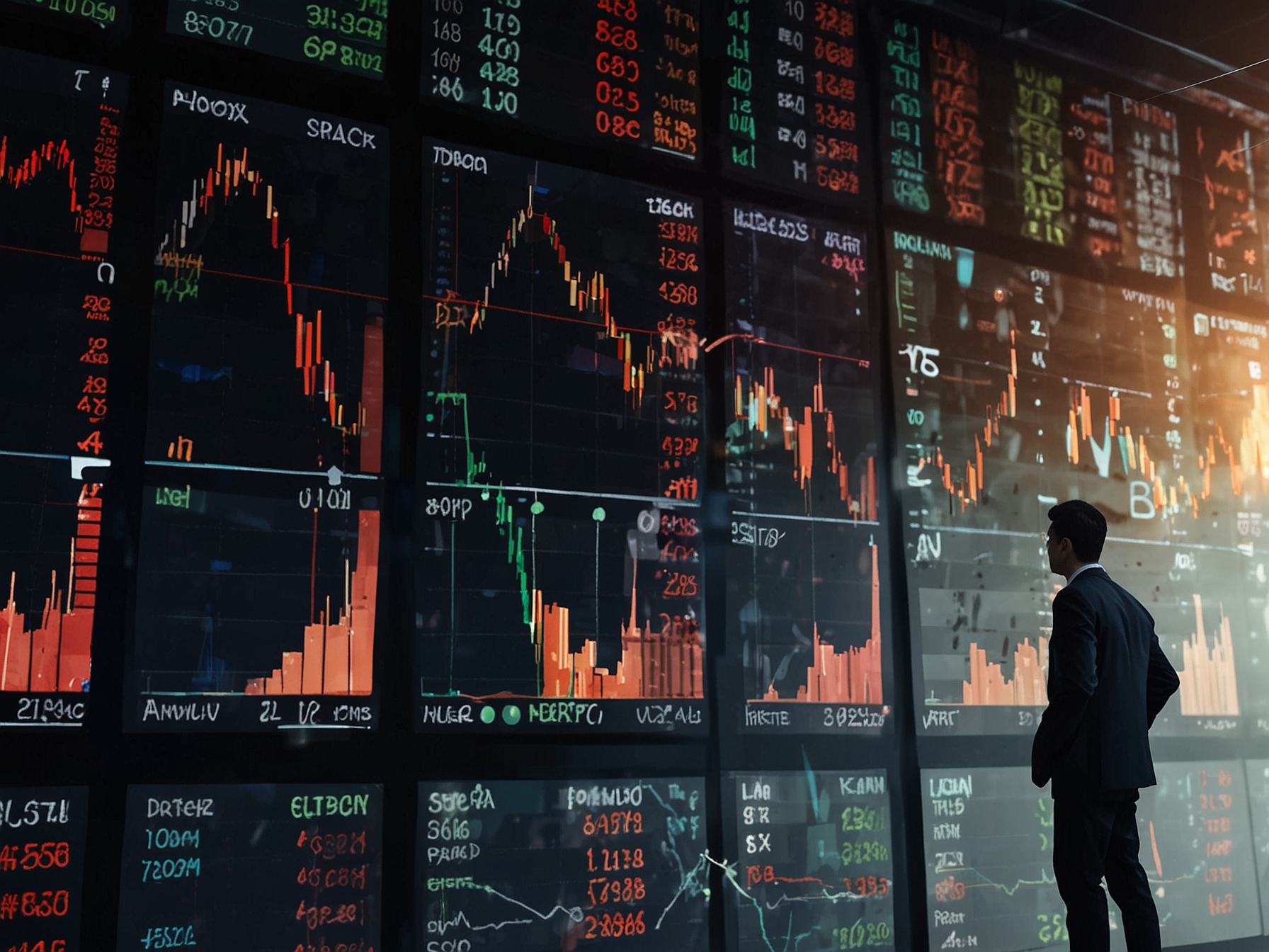 An image showing a stock market display with falling graphs and figures, reflecting the downturn in Asian stocks amid global market turbulence and economic instability.