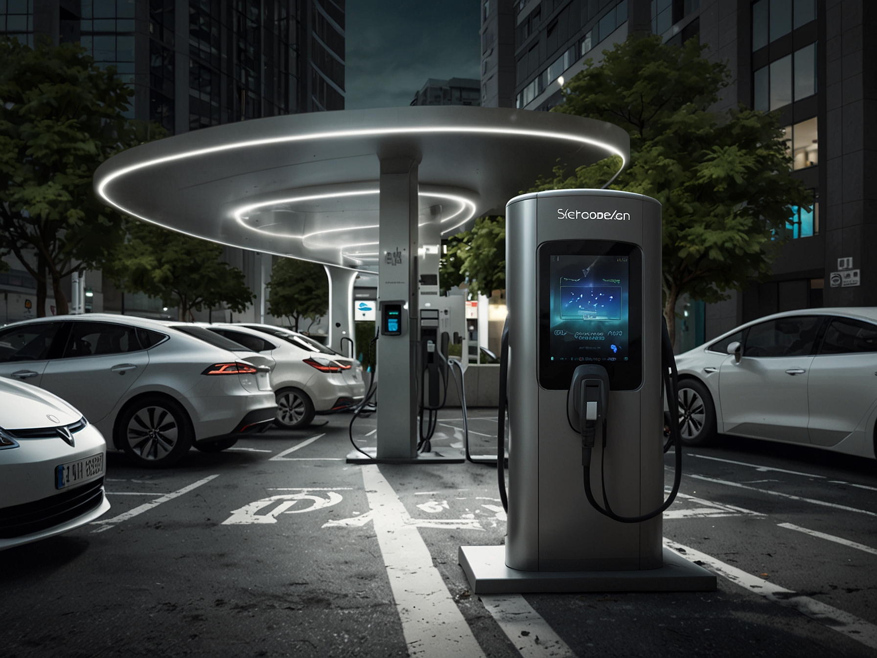An image showing an EV charging station in a busy urban area, illustrating the need for increased infrastructure to support widespread EV adoption and alleviate consumer concerns.