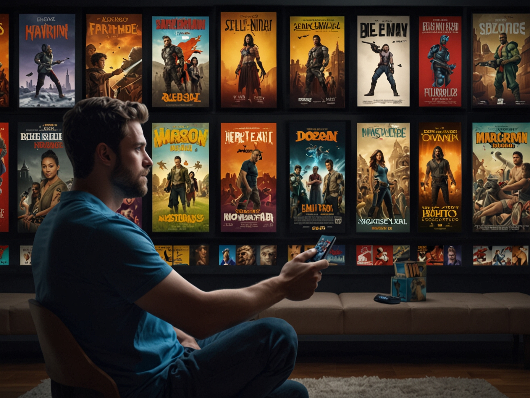 A person holding an Amazon Fire Stick remote, with a TV screen displaying a large selection of movie posters, highlighting the massive library available with the app.