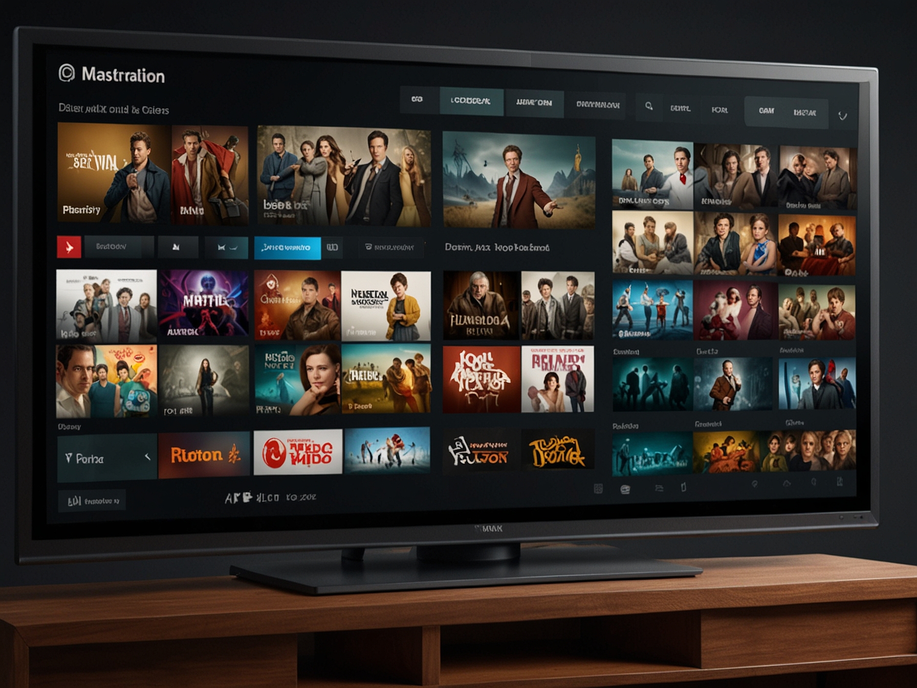 The user interface of the app on a TV screen, showing neatly categorized sections for Drama, Comedy, and Action genres, underscoring its easy-to-navigate design.