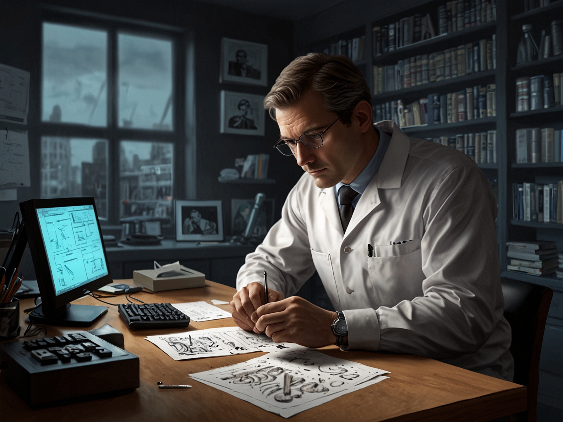 An investigator examining old evidence from the Tice & Gilmour case, with modern forensic tools like DNA sequencers and fingerprint analysis kits in the background, showcasing the evolution in technology.
