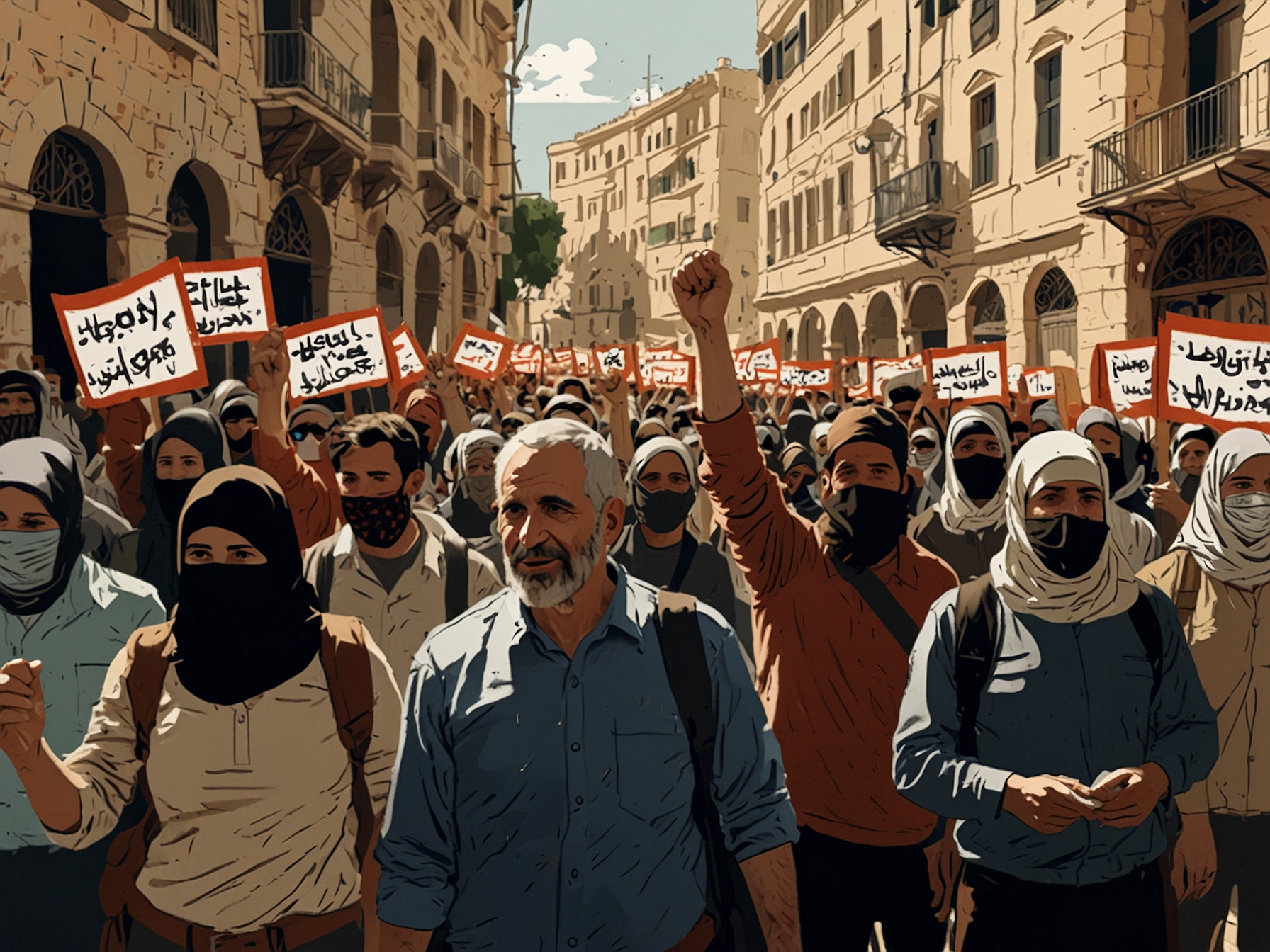 A large crowd of protesters in the streets of Jerusalem, waving flags and holding signs demanding greater transparency and political reforms, symbolizing widespread discontent.