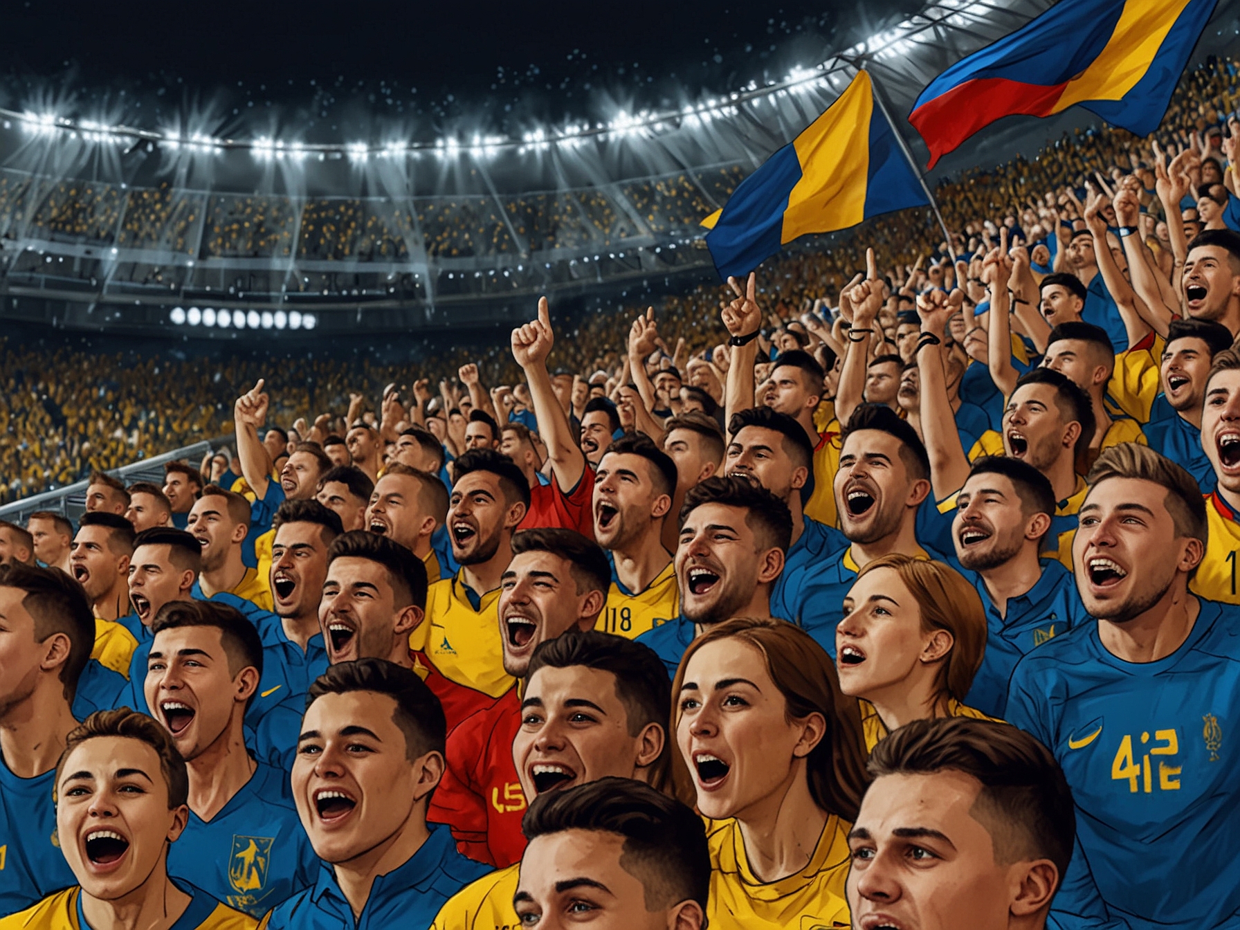 A photo of fans from both Romania and Ukraine in the stands, showcasing their enthusiasm and the palpable anticipation for the upcoming Euro 2024 Group E match.