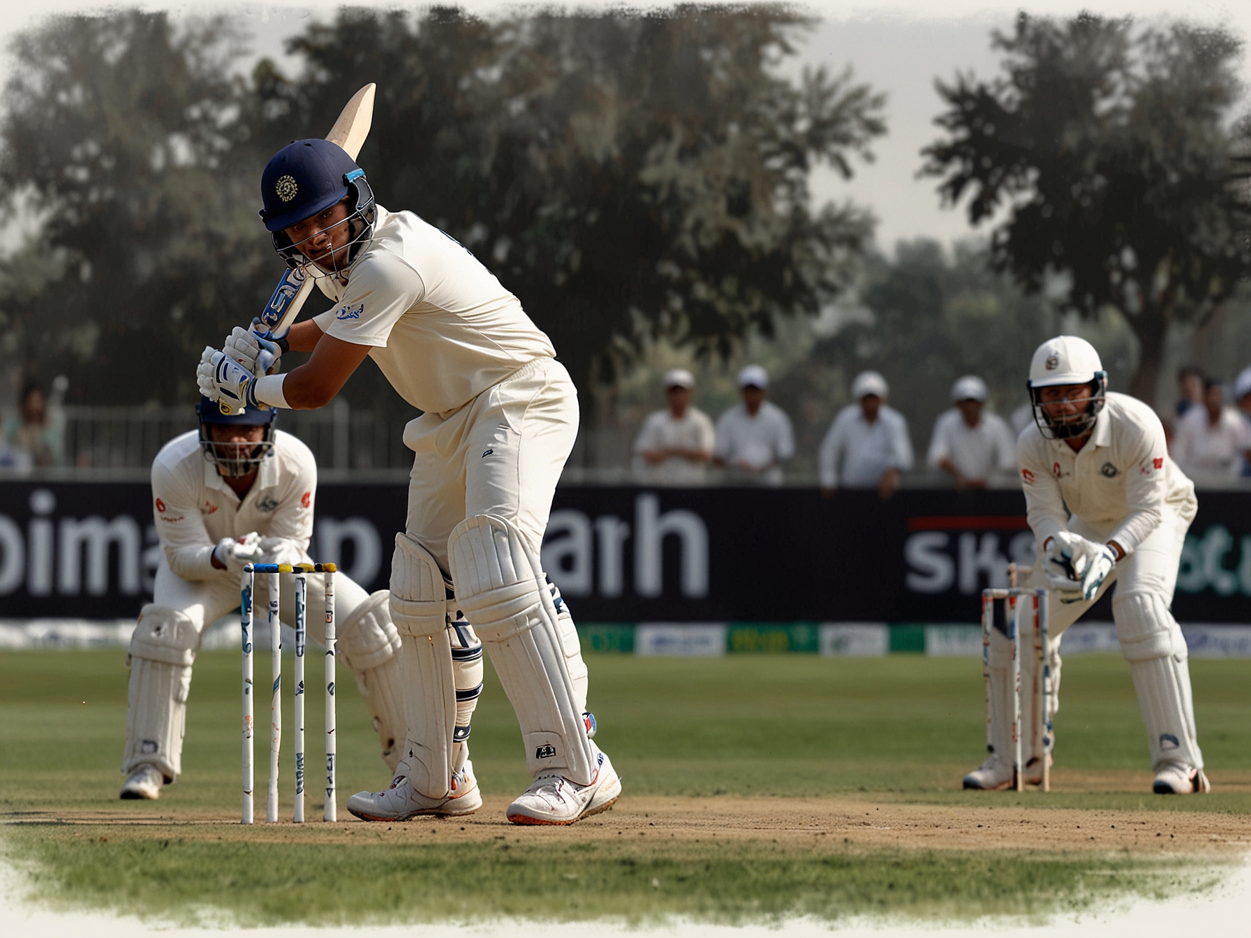 Sahil Chauhan batting on the field, sending a powerful shot towards the boundary in his record-breaking 27-ball century innings. The crowd and teammates are visibly ecstatic.
