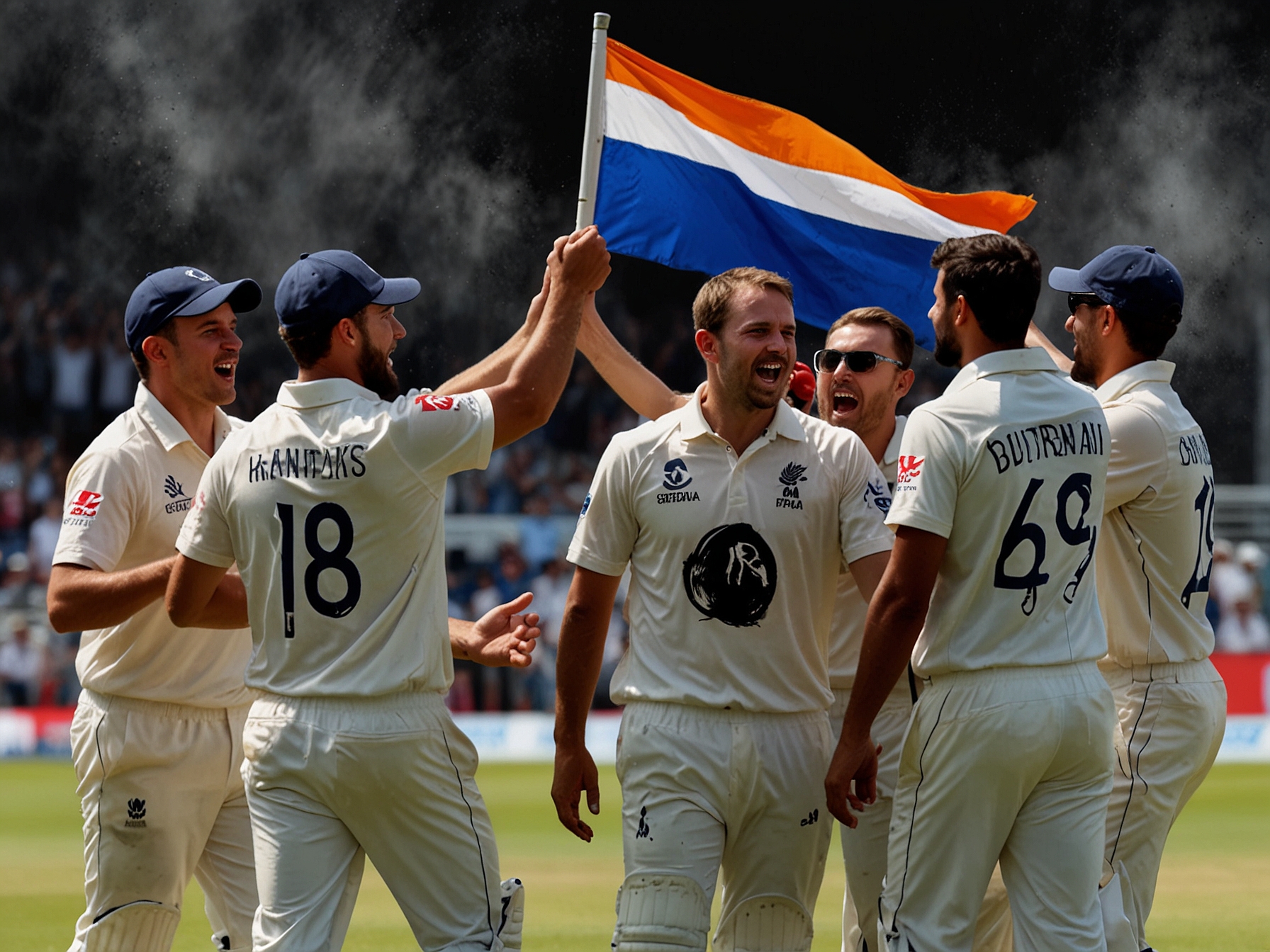 Estonian cricket team celebrating their decisive victory, crediting Sahil Chauhan's incredible century. The atmosphere is electric, highlighting the team's unity and Chauhan's influence.