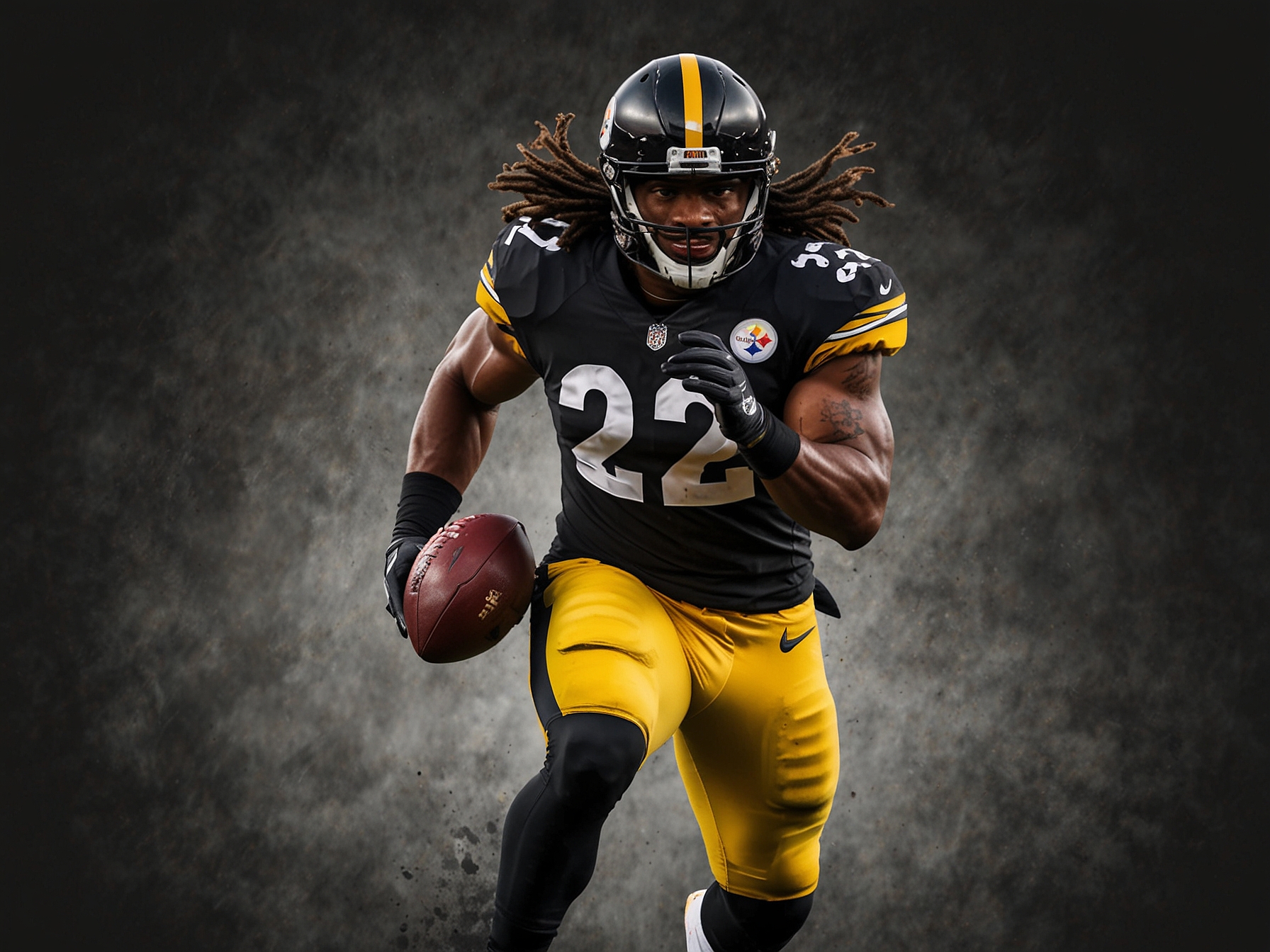 A depiction of Najee Harris in the backfield with limited support, showcasing the Steelers' need for depth and versatility in their running game to avoid predictability and enhance their offense.