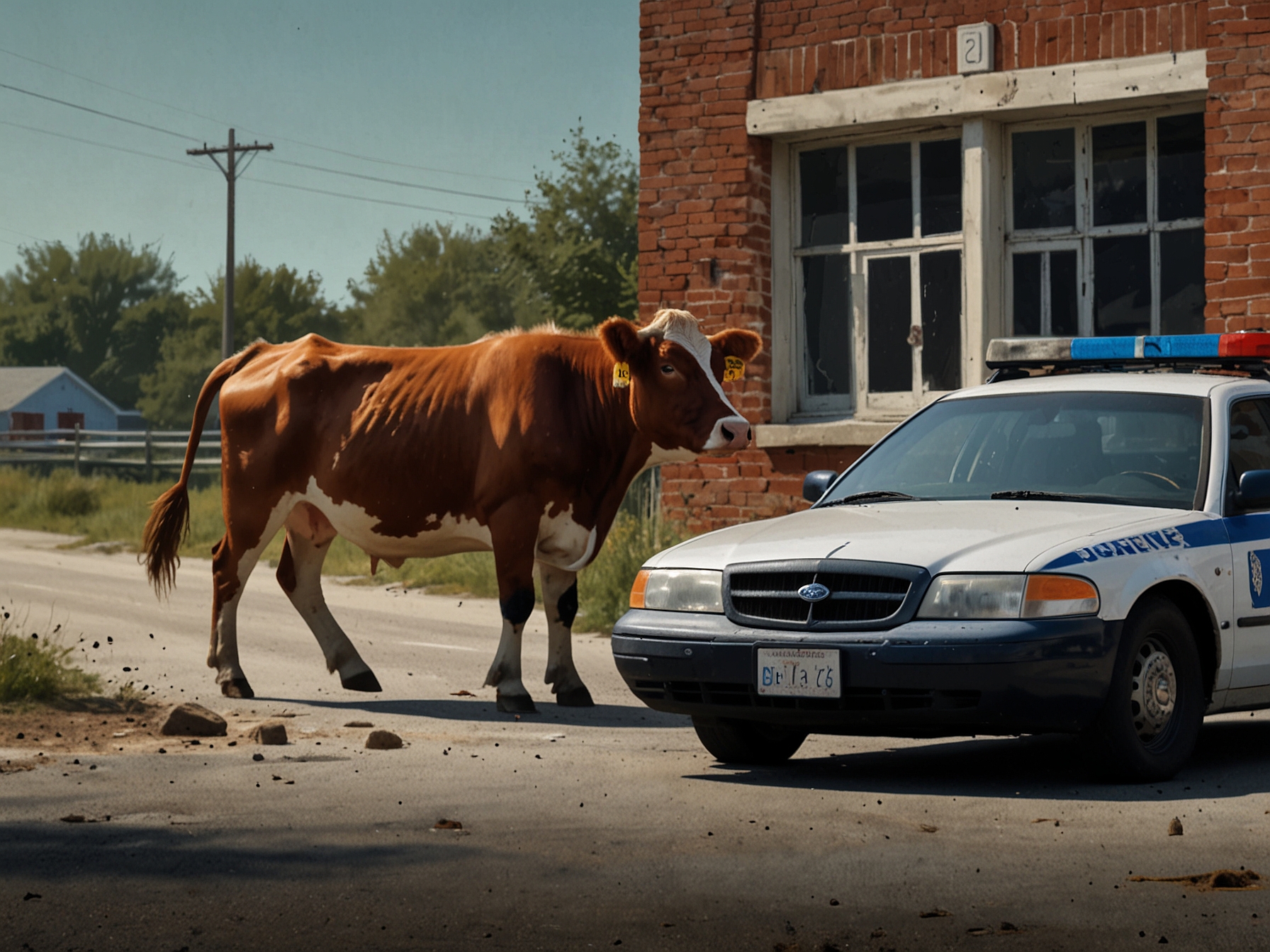 A still from the viral video showing the police car approaching the distressed cow, illustrating the controversial incident that sparked widespread condemnation and discussions on animal welfare.