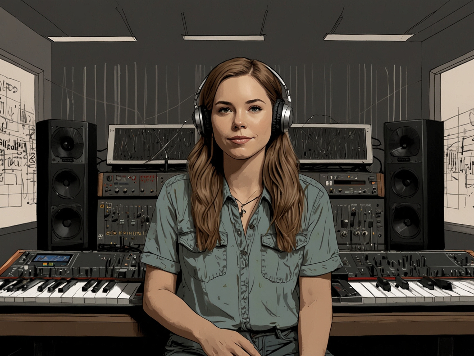 Chelsea Warner in a recording studio, surrounded by music production equipment like synthesizers and digital audio workstations, symbolizing her shift from singing to producing.