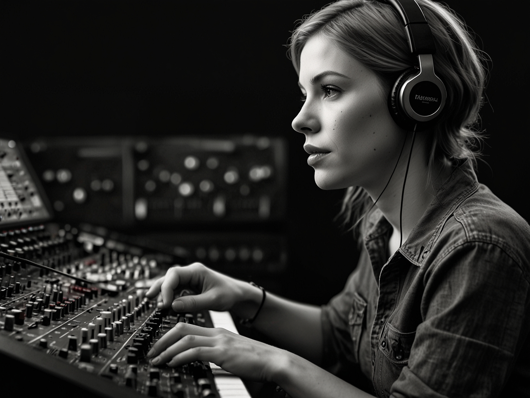 Close-up of Warner, deeply focused on a mixing console, highlighting the intricate technical aspects of music production she has embraced alongside her songwriting skills.