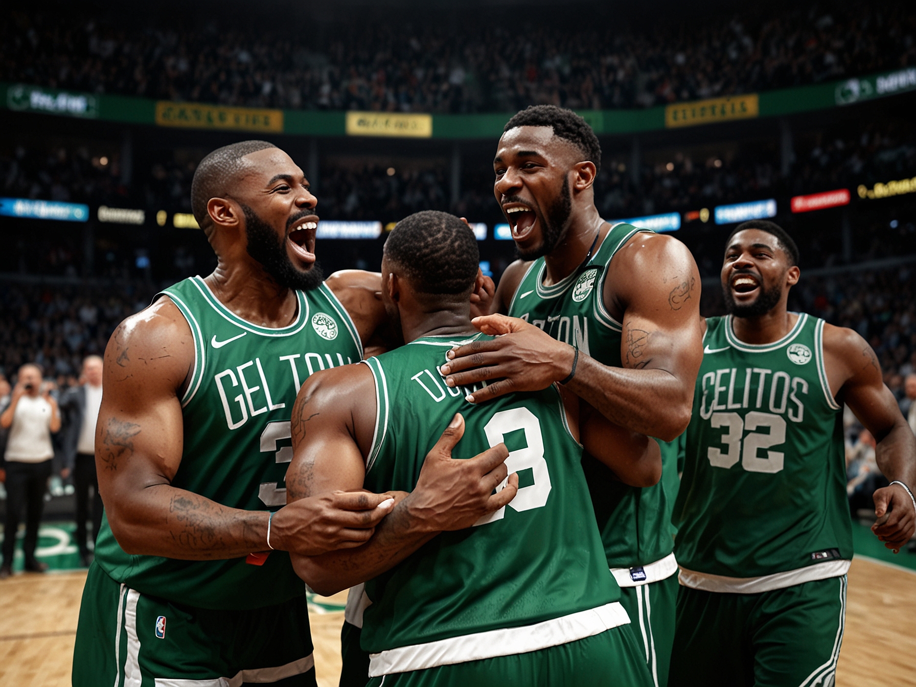 An image of the Boston Celtics celebrating their 18th NBA championship win on the court, showcasing the team's joy and unity after their decisive 4-1 series victory against the Dallas Mavericks.