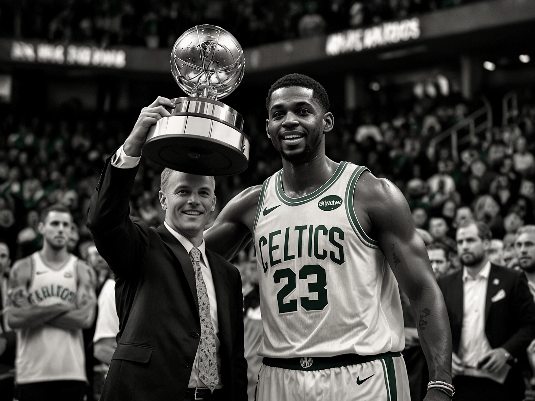 A snapshot of the series MVP of the Boston Celtics holding the championship trophy, highlighting his leadership and key contributions throughout the season and the play-offs.