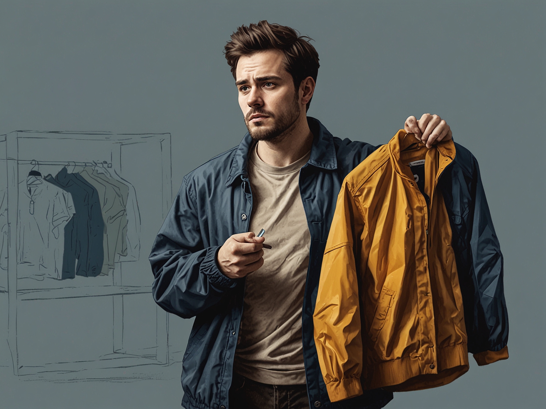 A person looking frustrated as they hold a newly received jacket from an online purchase, highlighting the emotional impact of losing a favorite clothing item.