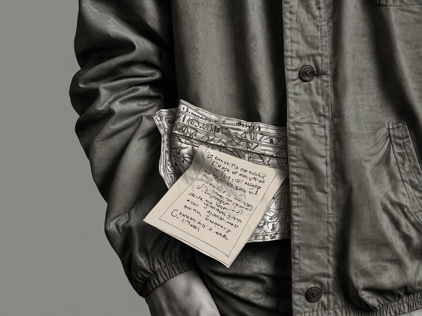 Close-up of a jacket pocket revealing a crumpled note with aggressive language and small knick-knacks, illustrating the upsetting discovery during an online second-hand purchase.