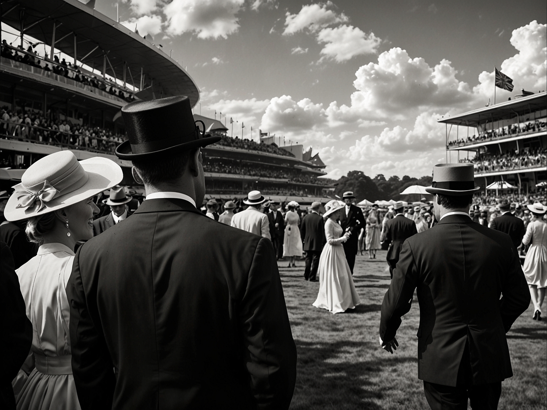 An elegant view of the Royal Enclosure at Royal Ascot, where members of the Royal Family and high society gather to enjoy the horse races in an atmosphere of sophistication and tradition.