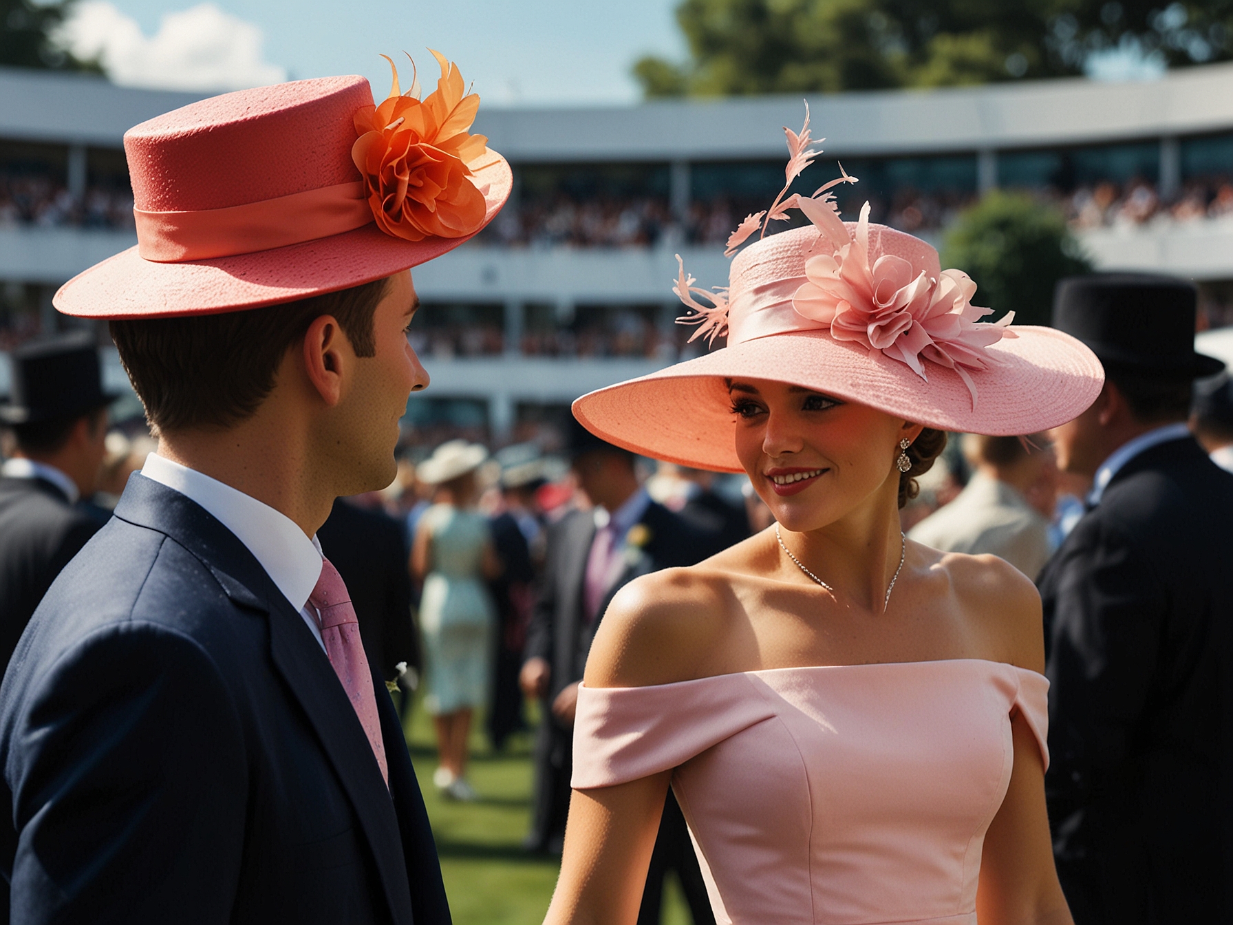 A vibrant depiction of Ladies' Day at Royal Ascot, showcasing attendees adorned in flamboyant hats and chic outfits. The scene captures the essence of fashion and elegance that defines the event.