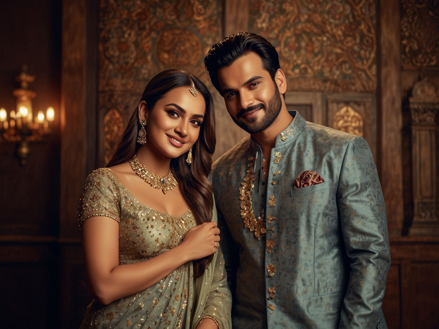 Sonakshi Sinha and Zaheer Iqbal pose together at their pre-wedding party, exuding elegance and chemistry. Sonakshi wears a stunning traditional outfit, while Zaheer looks dapper.