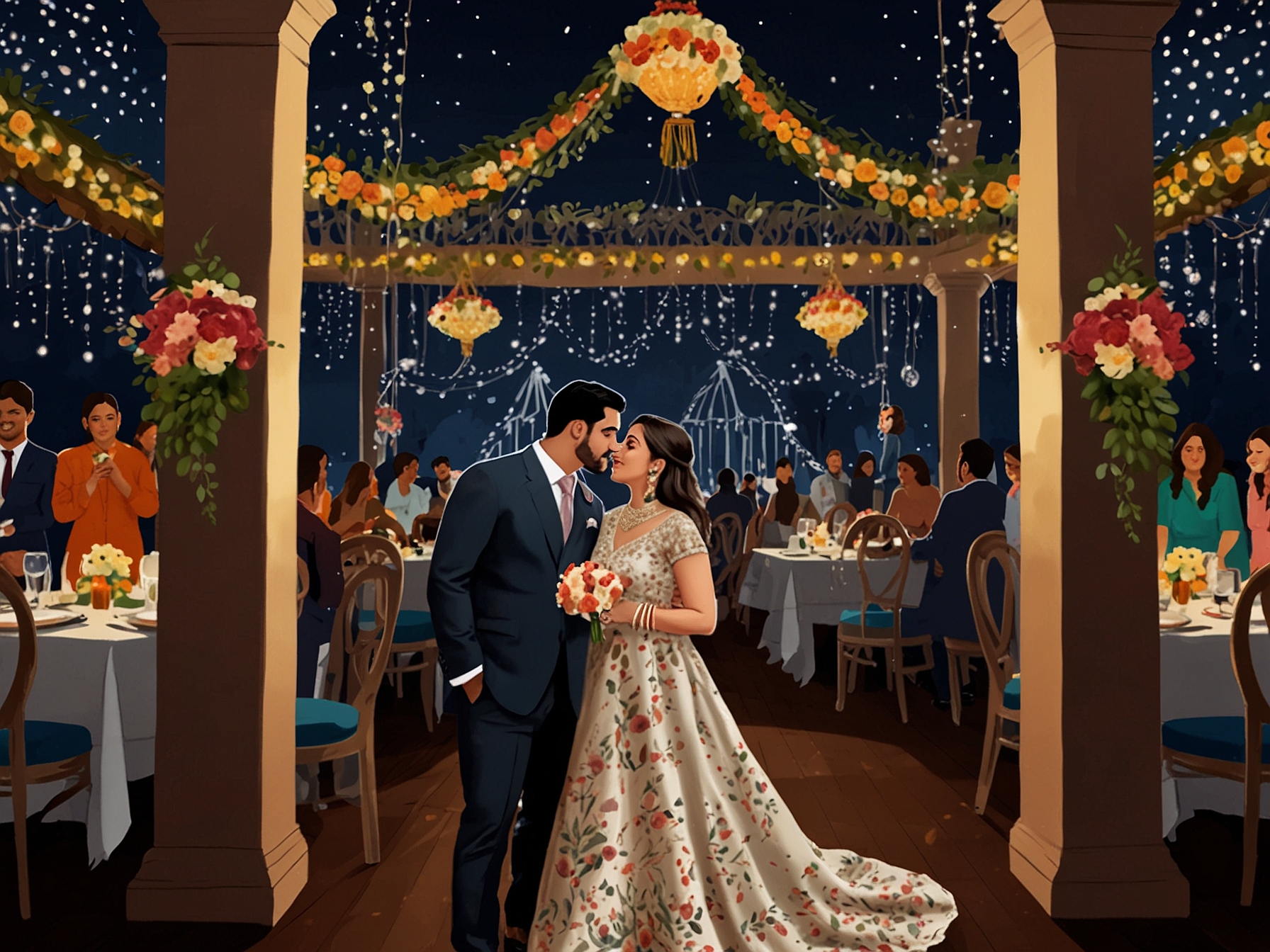 The lavishly decorated venue of Sonakshi and Zaheer's pre-wedding party, adorned with flowers and lights. Guests are seen enjoying the vibrant atmosphere and sumptuous cuisine.