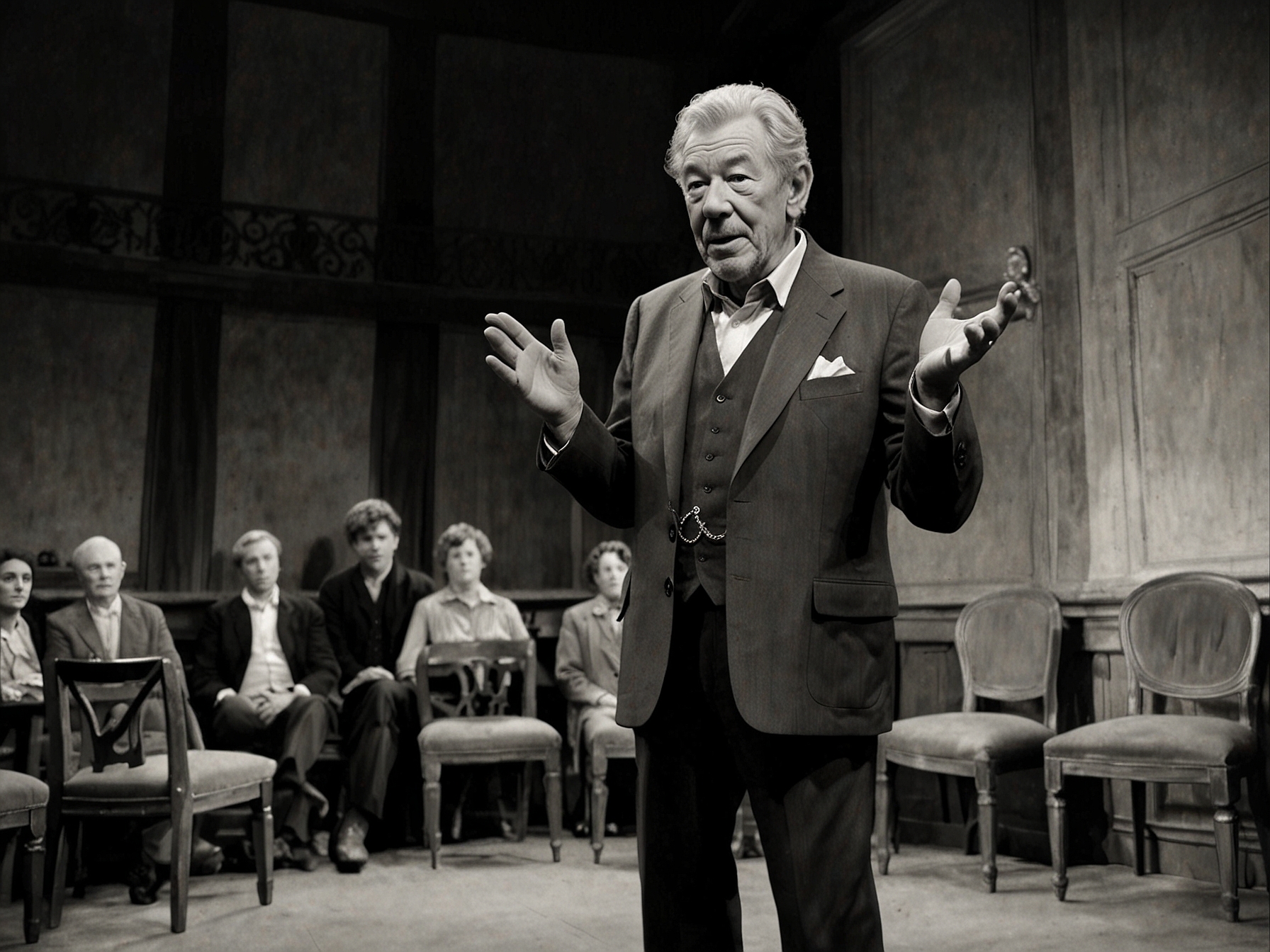 Sir Ian McKellen performing a passionate monologue on stage during 'Player Kings' in London's Duke of York's Theatre, moments before the unfortunate fall.