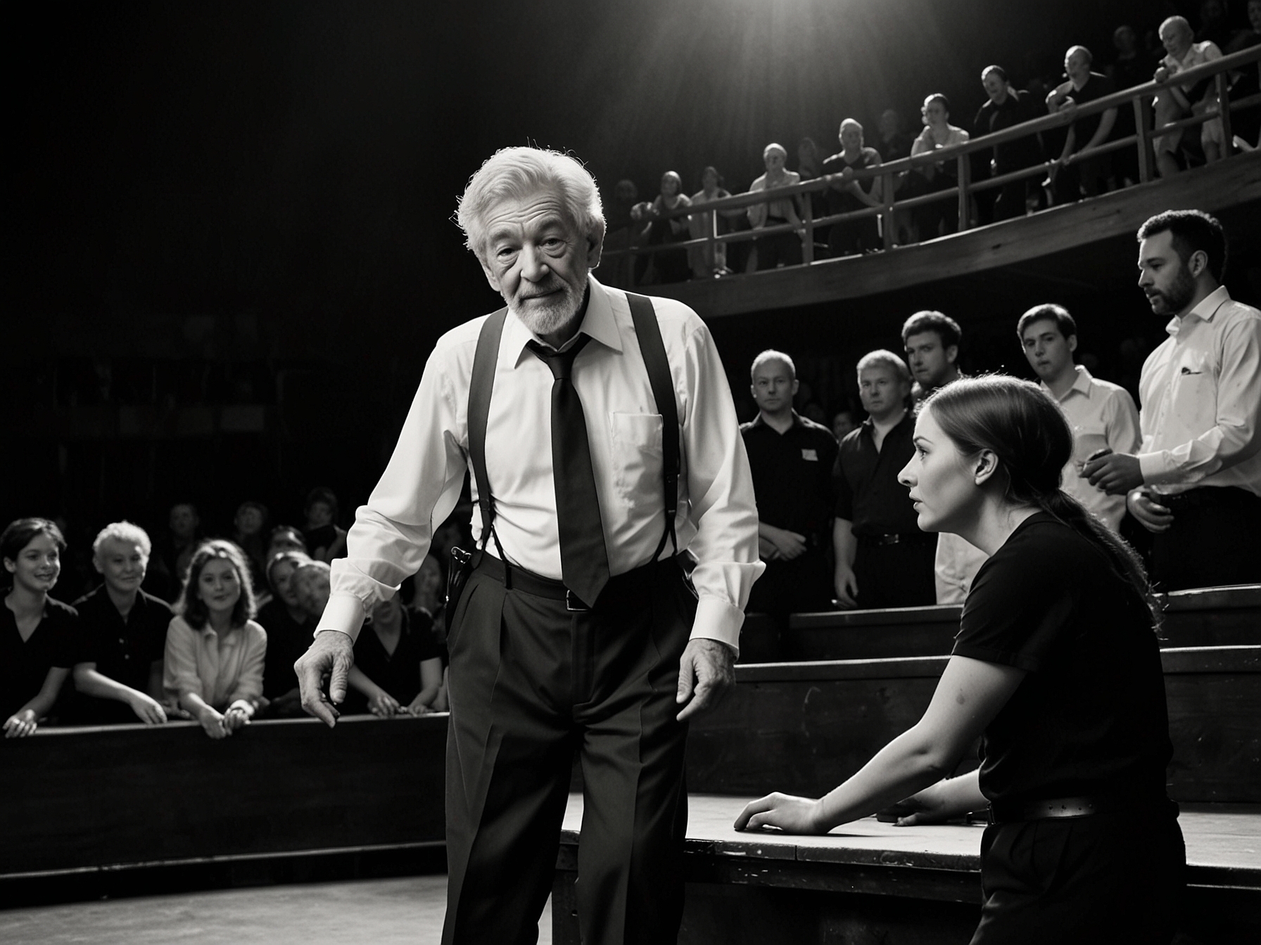 Emergency services assisting Sir Ian McKellen after his fall off the stage into the orchestra pit, with the audience and theatre staff looking on in concern.