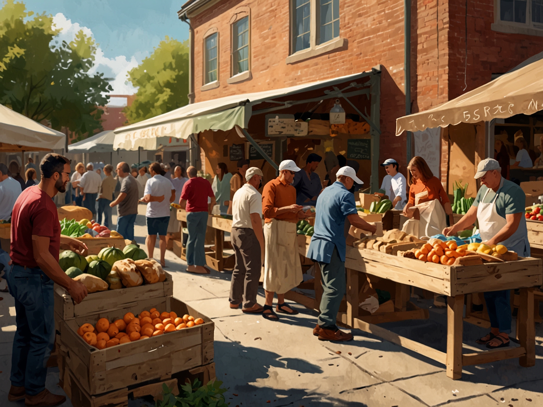 A lively scene at the local Farmer's Market with people buying fresh produce, artisan bread, and handmade crafts. A cooking demonstration and live music in the background add to the vibrant atmosphere.