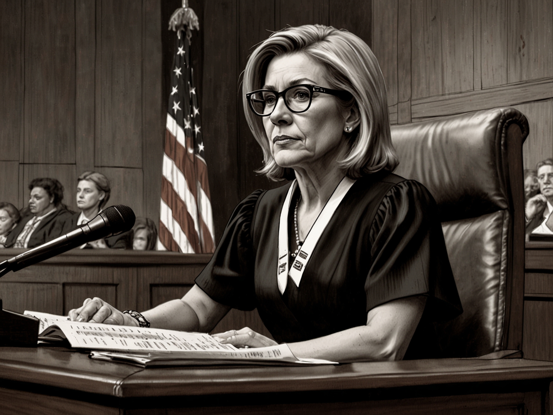 Judge Aileen Cannon sitting in the courtroom, with a concerned expression, highlighting the scrutiny and allegations of favoritism in handling the Trump classified documents case.