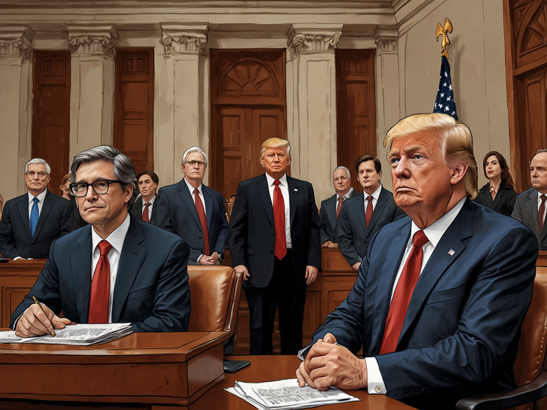 Former President Trump’s legal team in a courtroom scene, emphasizing the special master decision and the debate over judicial bias and procedural fairness.