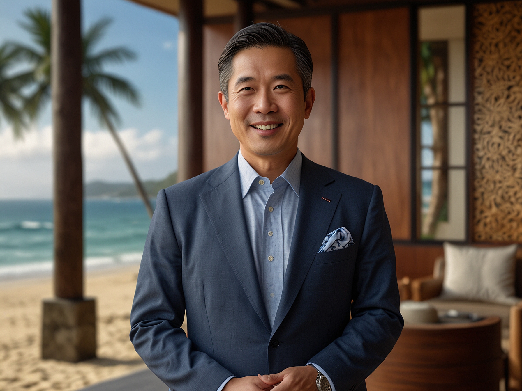 Go Kondo, the newly appointed General Manager of The Ritz-Carlton, Bali, standing in front of the picturesque beachfront resort, embodying the essence of luxurious hospitality.