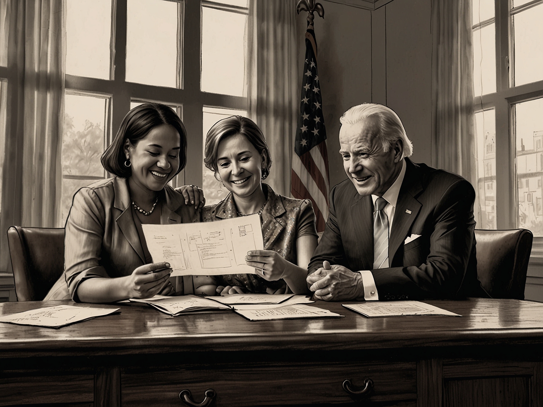 A family of immigrants, relieved and hopeful, gathers around a table with legal documents, symbolizing the potential benefits and new opportunities from Biden's proposed policy.