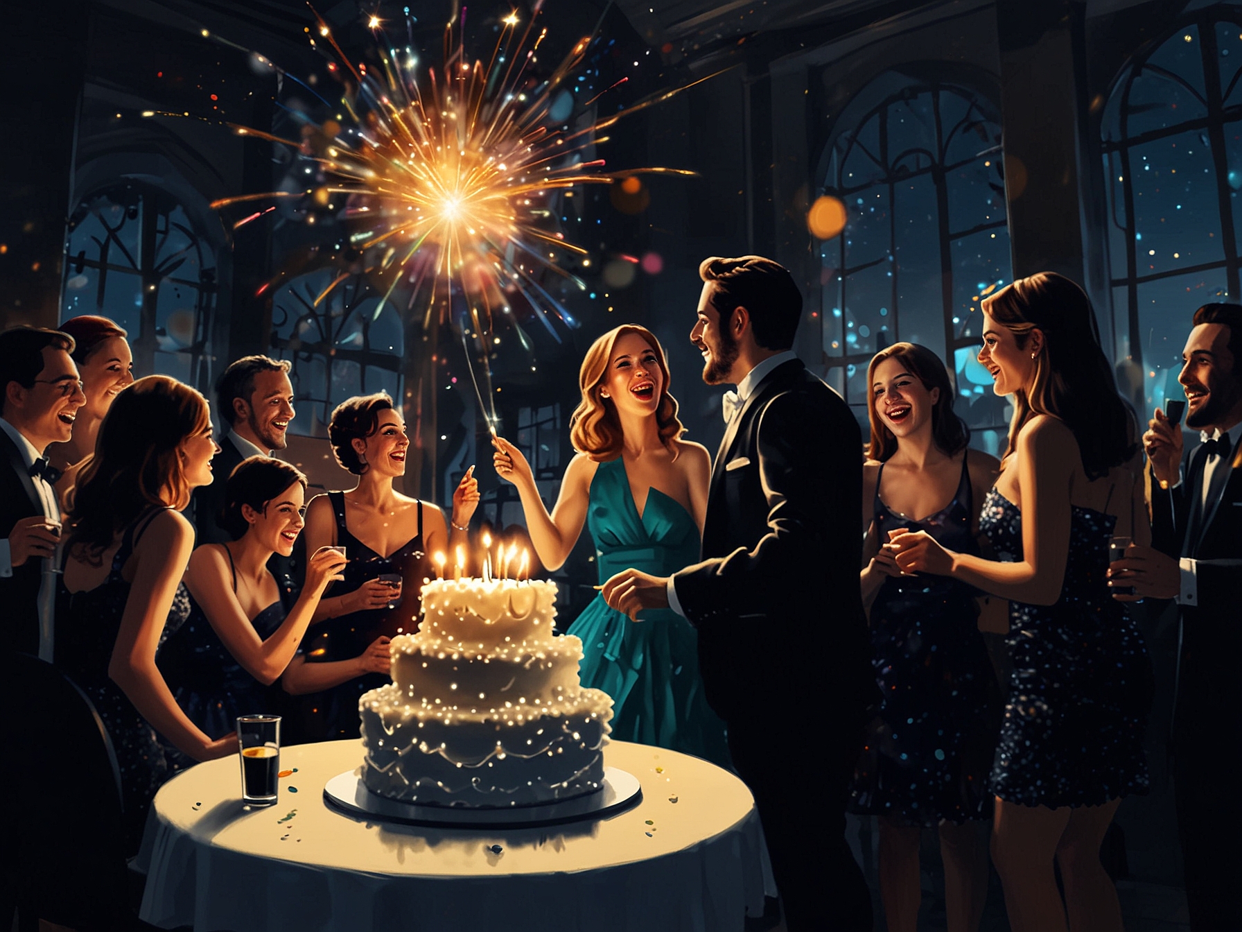 A glamorous scene featuring sparklers-lit birthday cake at midnight, with attendees in avant-garde outfits celebrating exuberantly amidst a sensory-filled atmosphere.