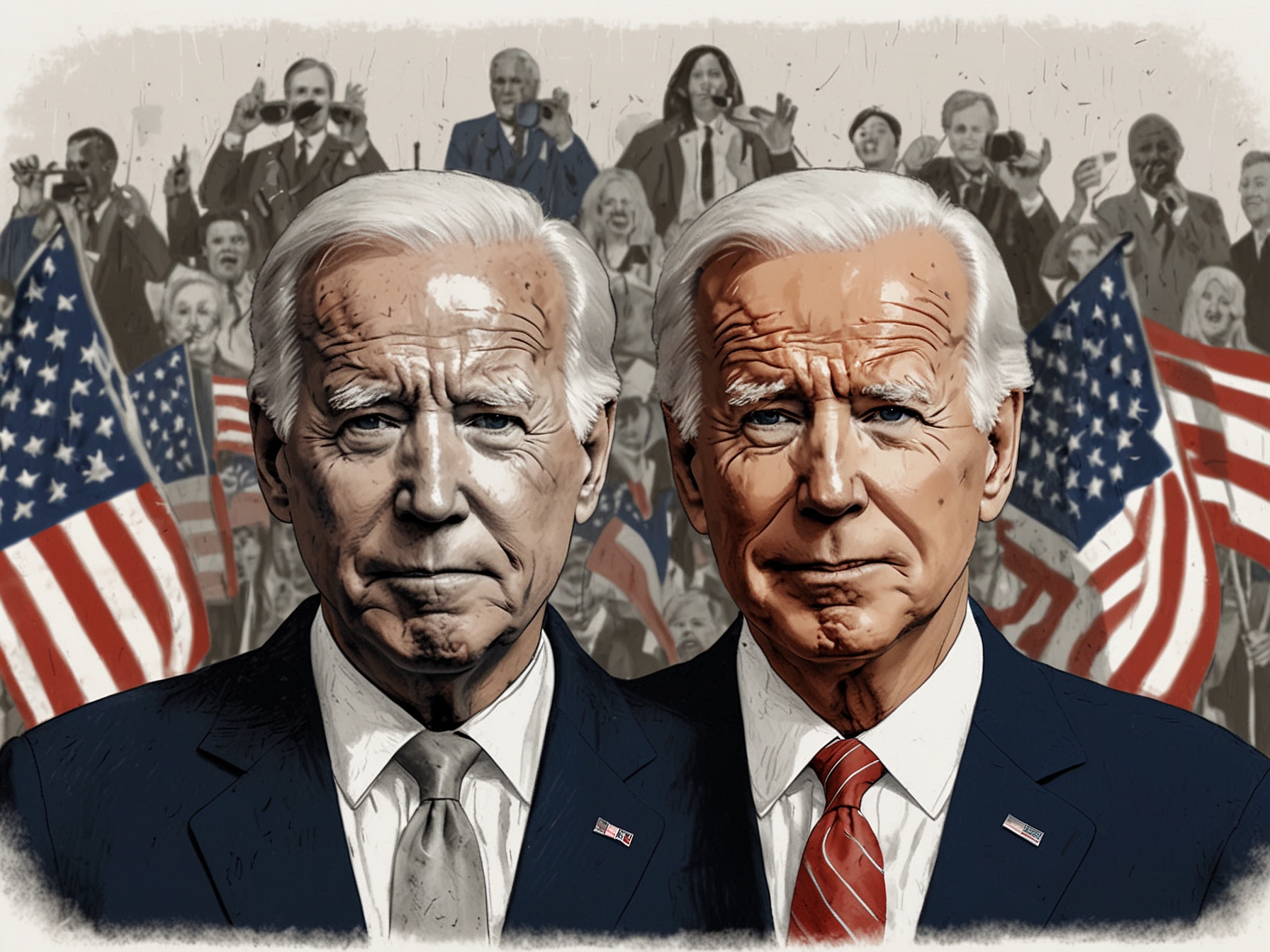 An illustration showing a split screen with supporters of Biden on one side and Trump supporters on the other, symbolizing the deep political divide and polarization in the country.