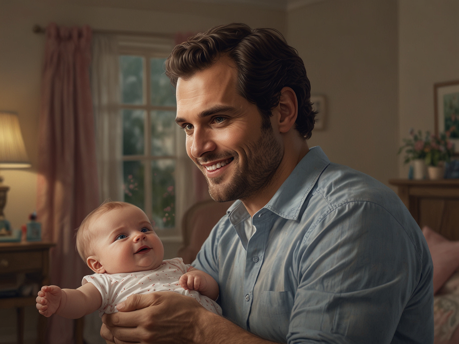 Henry Cavill smiles warmly as he holds a small baby outfit in a beautifully decorated nursery with pastel colors and soft lighting, capturing his excitement for fatherhood.