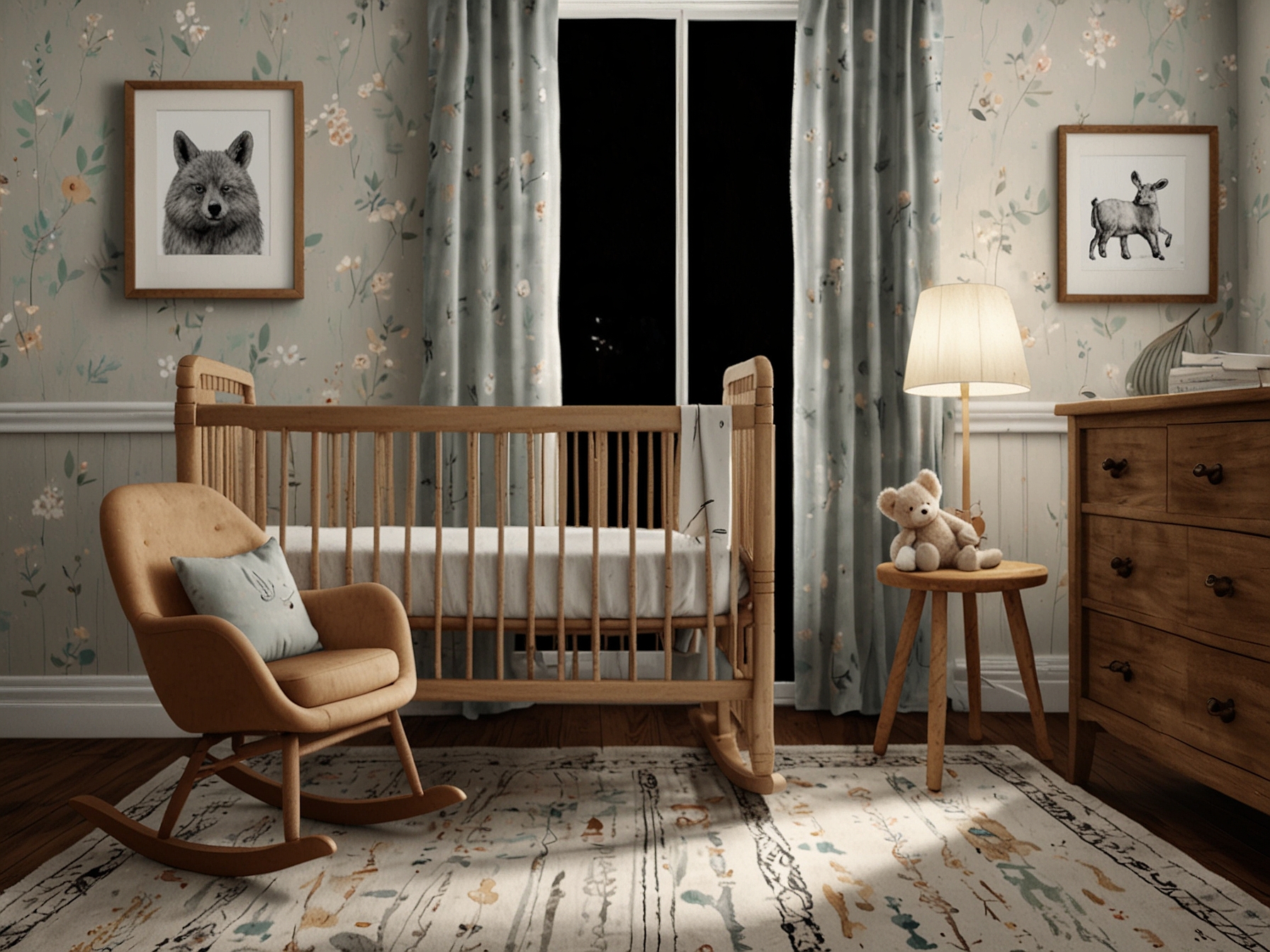 The stylish and cozy nursery features a classic wooden crib, plush animal toys, and a rocking chair, reflecting the couple's thoughtful preparation for their upcoming baby's arrival.