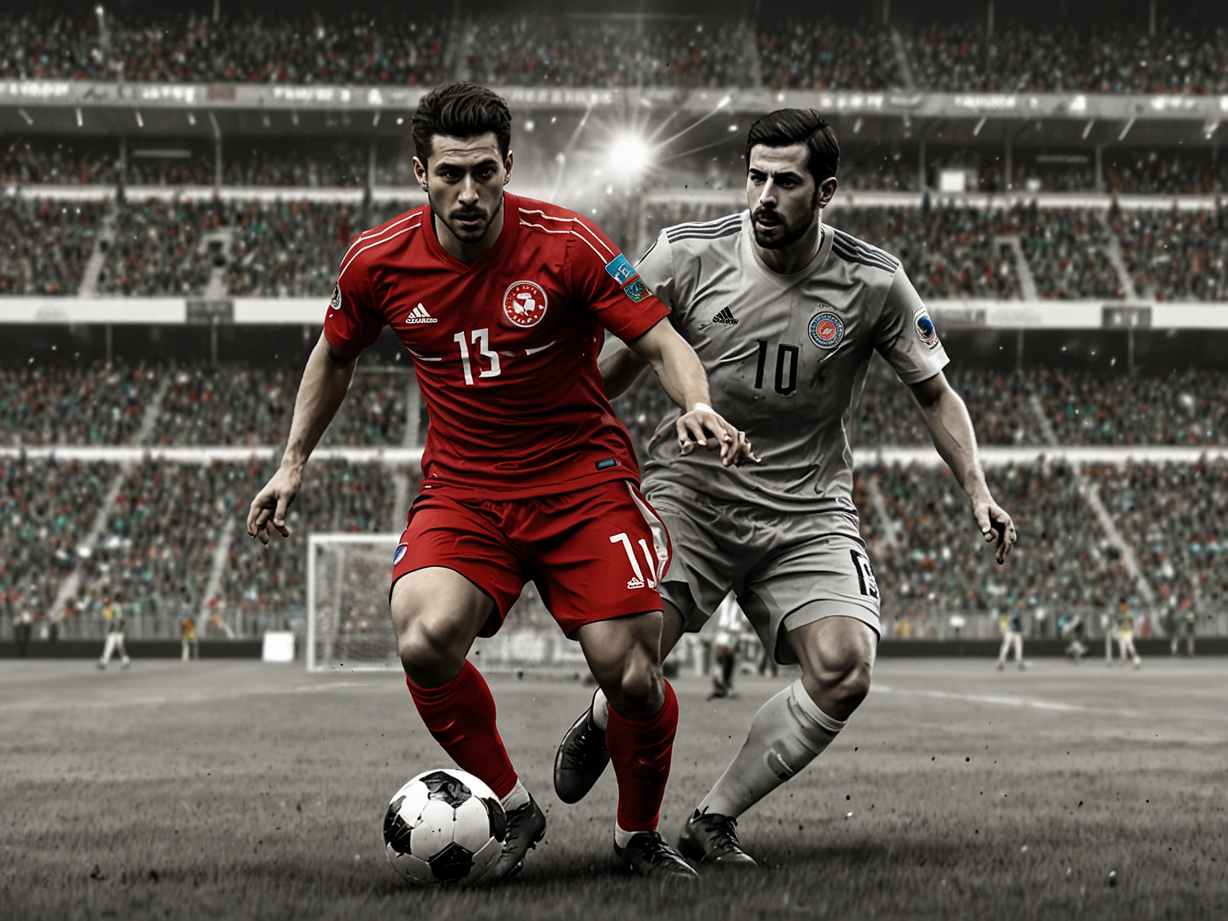 An illustration of a football match between Turkey and Georgia, showcasing key players like Hakan Çalhanoğlu and Khvicha Kvaratskhelia in action, illustrating the competitive nature and the dynamic midfield battle.