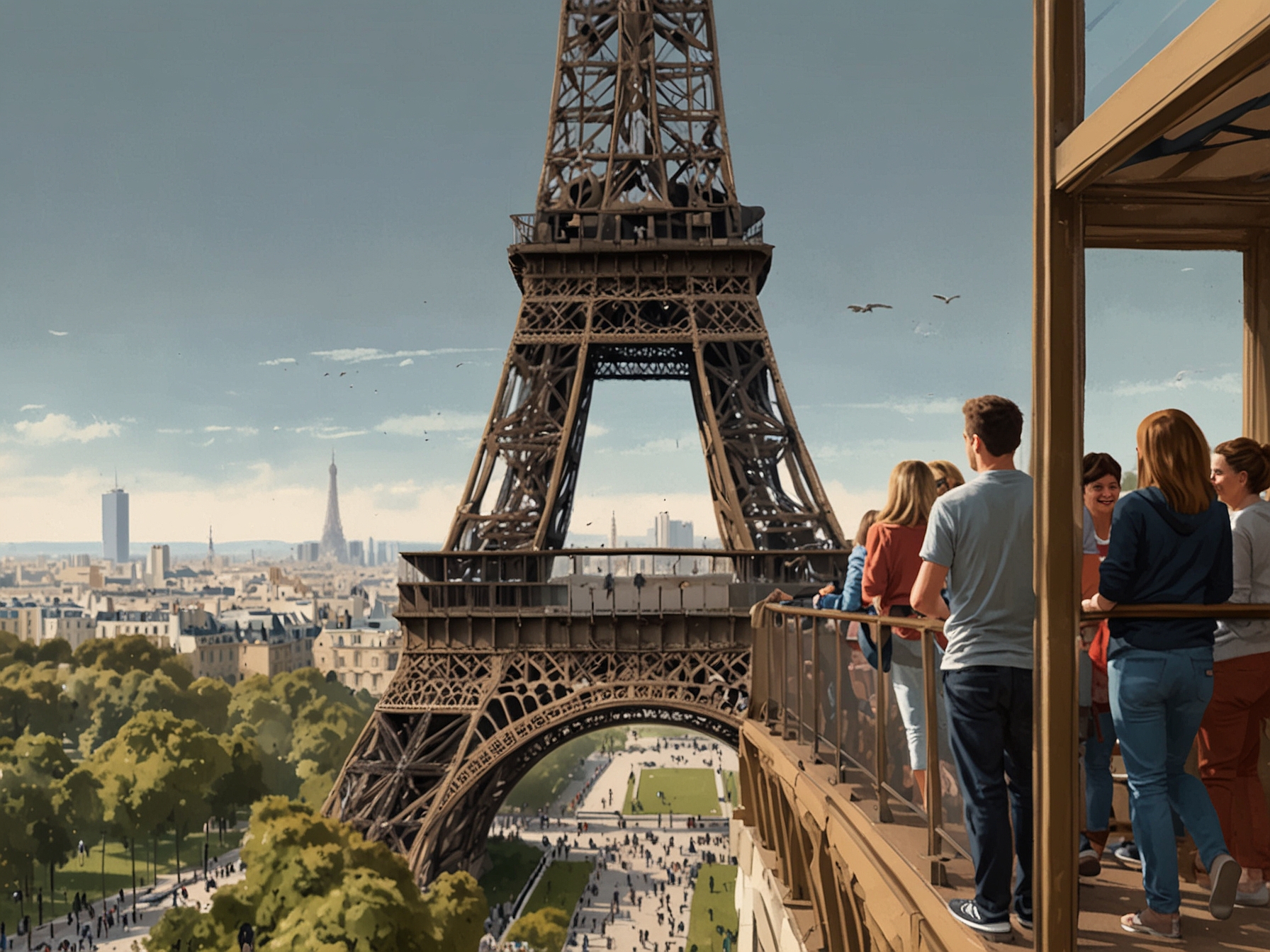 The crowded observation decks of the Eiffel Tower, with tourists jostling for space to catch a glimpse of the Paris skyline, illustrating the lack of personal space.