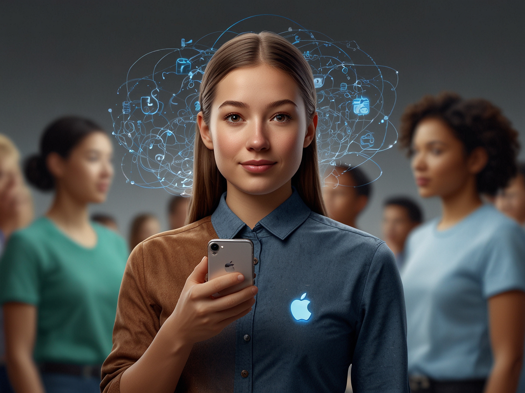 A conceptual illustration depicting the integration of AI features into Apple's iOS 18, highlighting new capabilities such as the advanced Genmoji feature, designed to enhance user interaction and personalization.