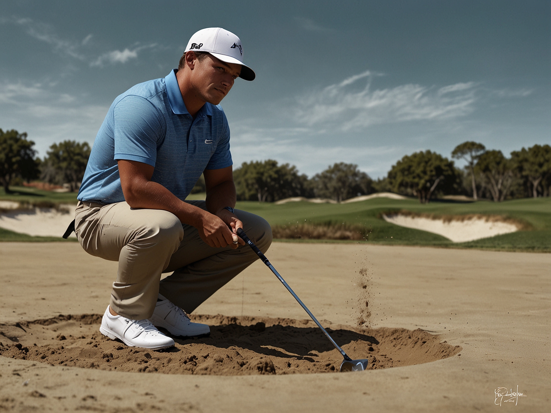 Bryson DeChambeau prepares to take a bunker shot, analyzing the sand and wind conditions, demonstrating his meticulous and scientific approach to golf.