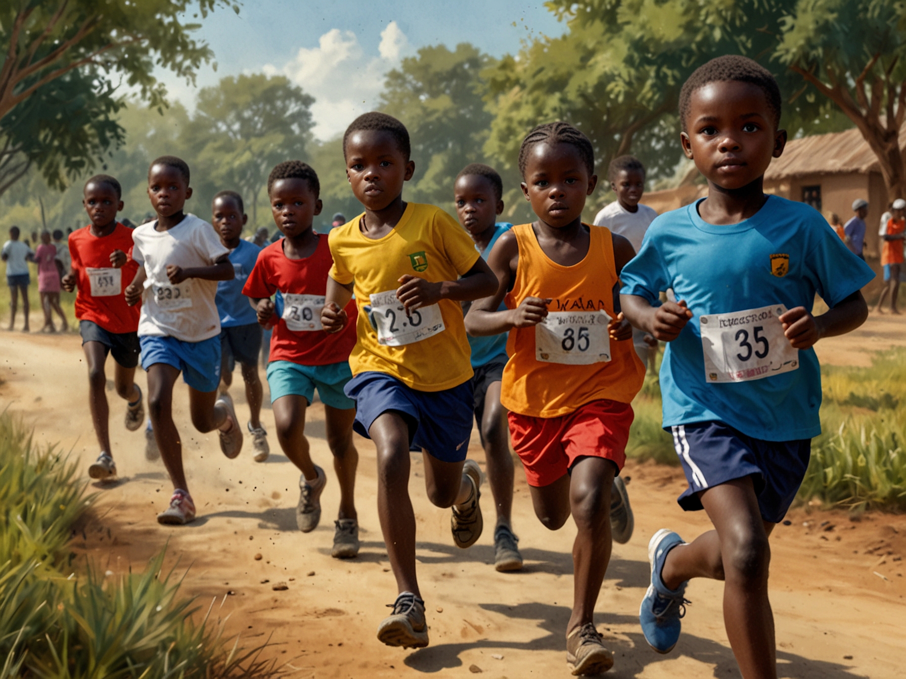 Children in East African communities engaging in daily long-distance running routines, illustrating the cultural foundation and early training that contribute to their future ultra-marathon success.
