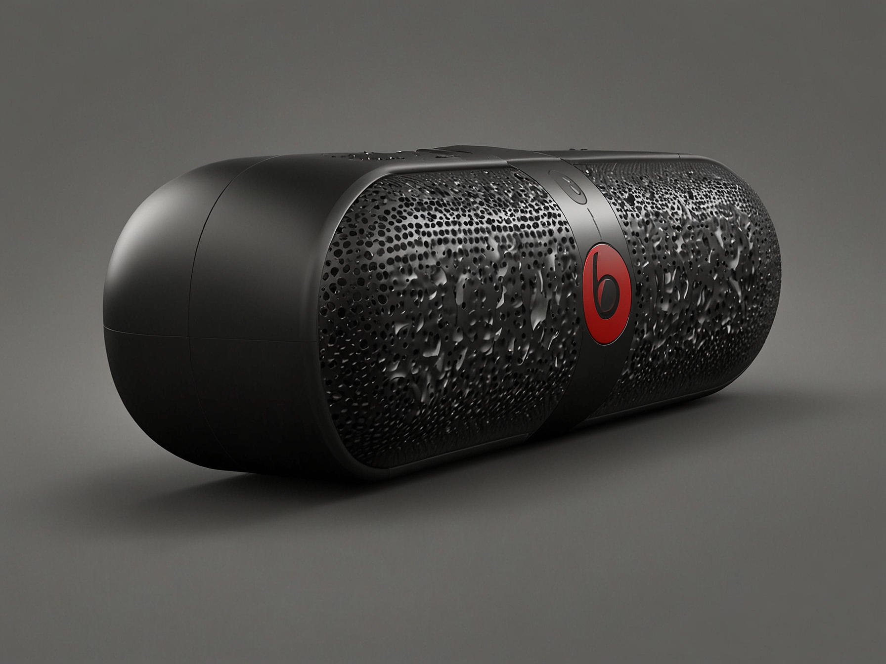 Speculated design of the new Beats Pill shows a sleek, compact, and durable speaker with potential waterproofing and dust resistance, suitable for both indoor and outdoor use.