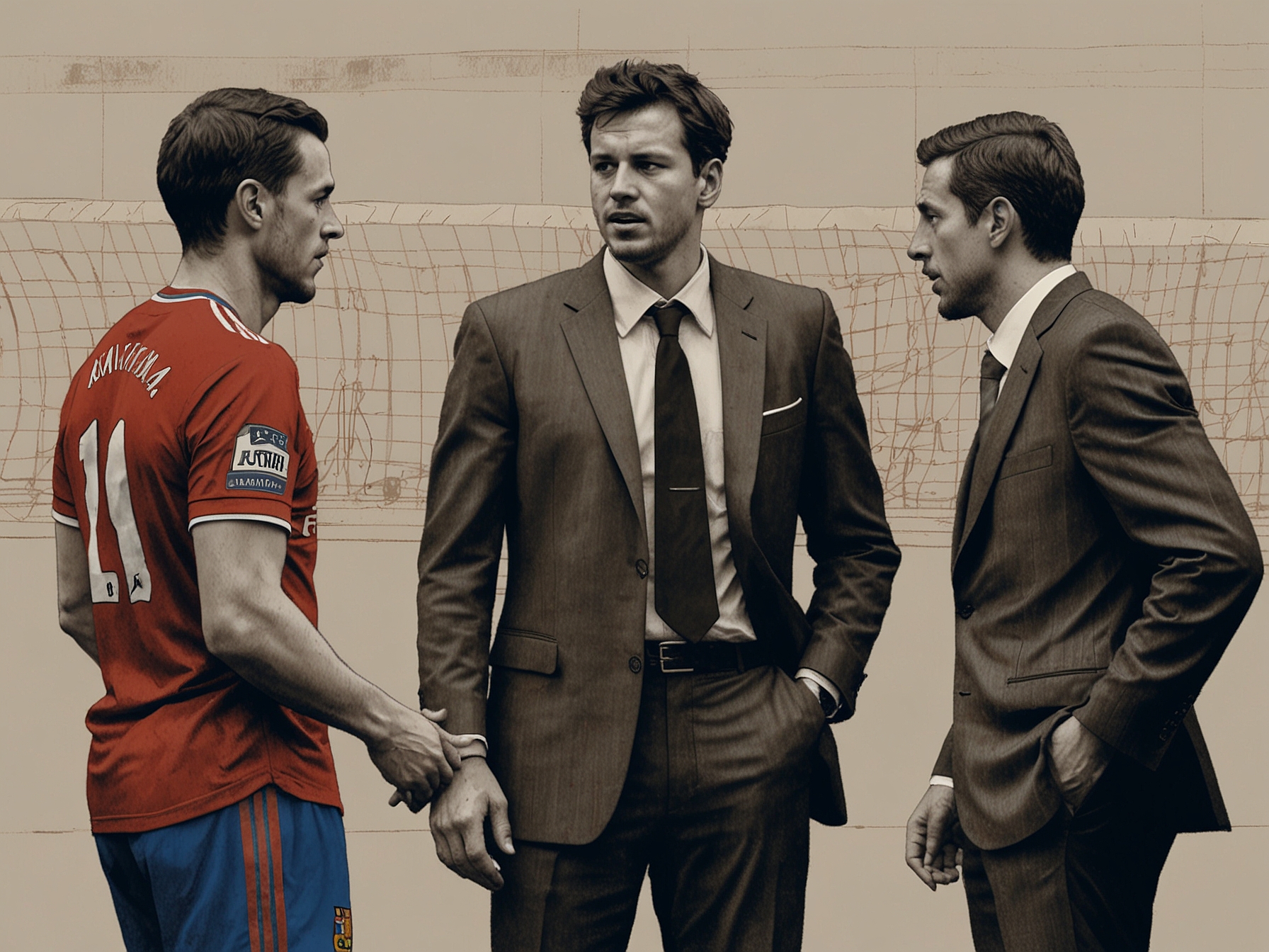 A tense negotiation scene between representatives of Manchester United and Barcelona, depicting the high-stakes battle to secure the transfer of a talented Dutch footballer.