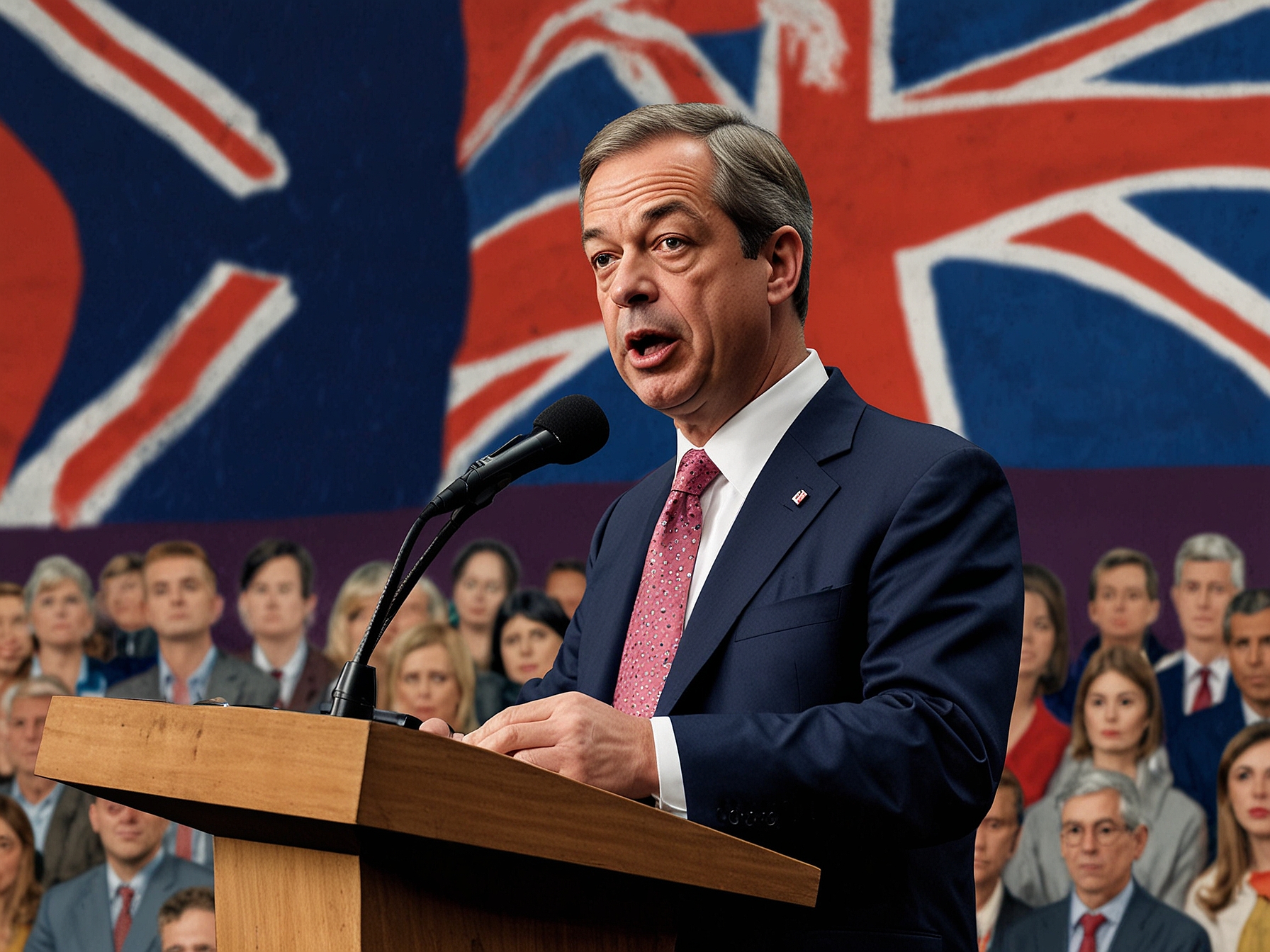 Nigel Farage speaking at a podium during the launch of Reform UK's election manifesto, with a backdrop highlighting key issues such as Brexit, economic reform, and national sovereignty.