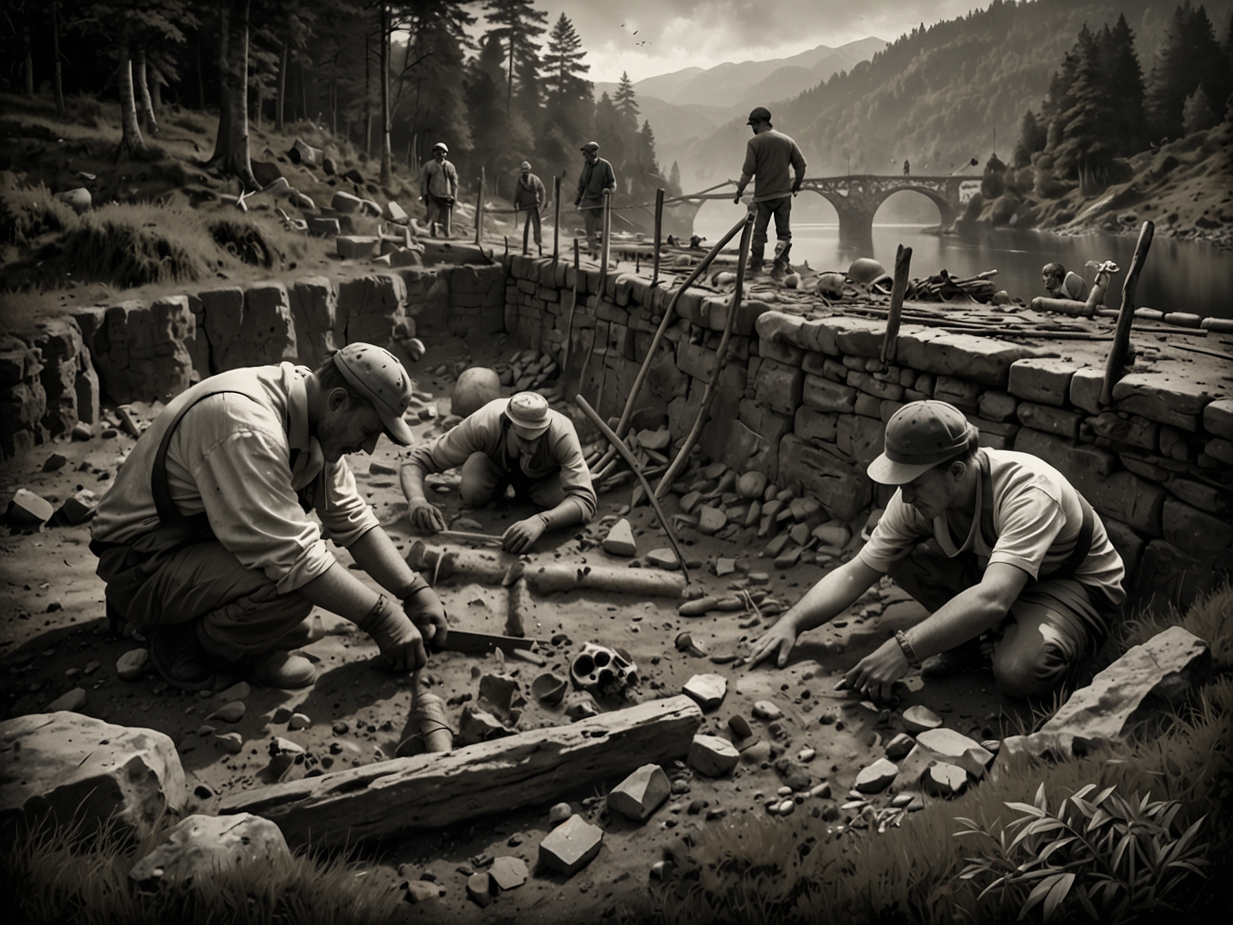 An illustration of archaeologists uncovering Celtic skeletons near the ruins of an ancient bridge in Switzerland's Three Lakes region, depicting the excavation process.