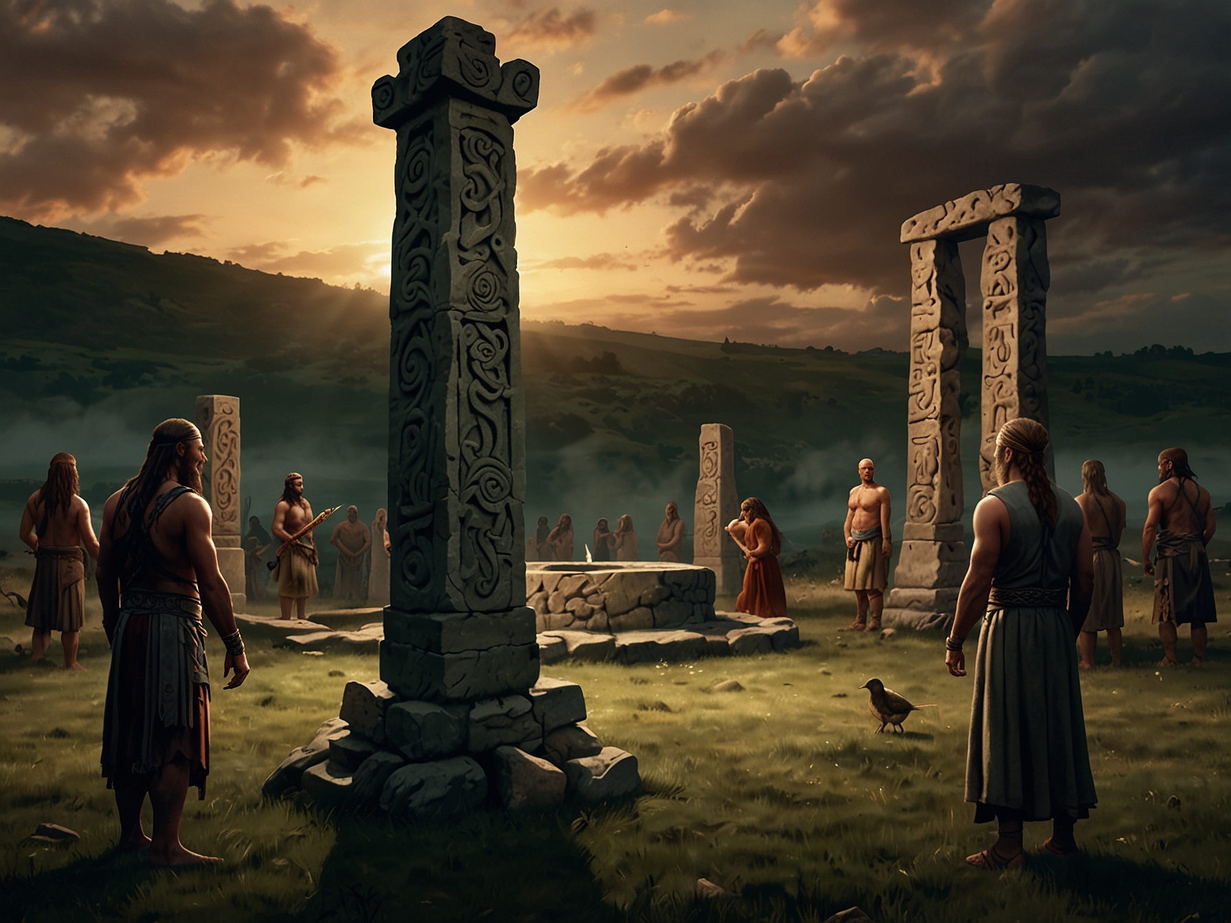 A depiction of Celtic rituals, showing the possibility of human sacrifice near a ceremonial site, with people gathered around in ancient attire performing the rites.