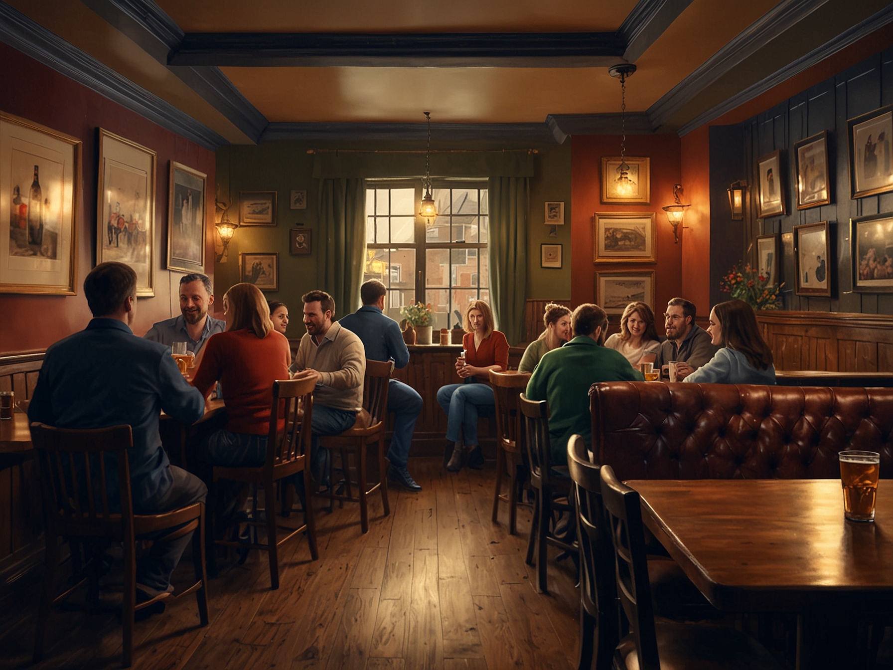 A vibrant community scene inside a traditional British pub, filled with patrons engaging in lively conversation, highlighting what is at risk as more pubs shut down.