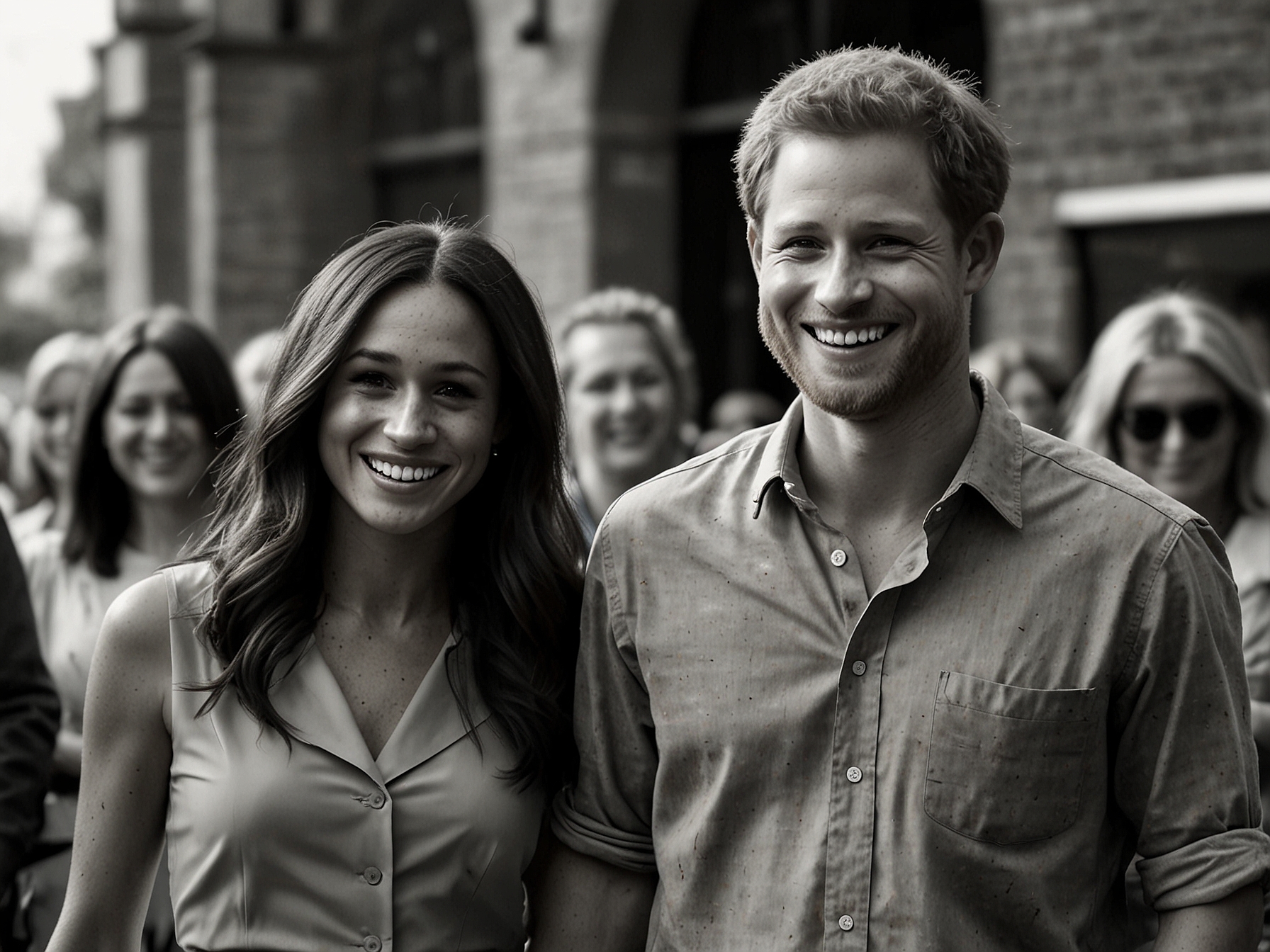 Meghan Markle and Prince Harry attending a public event, highlighting their new life in the US away from royal duties, while they smile and interact with attendees.