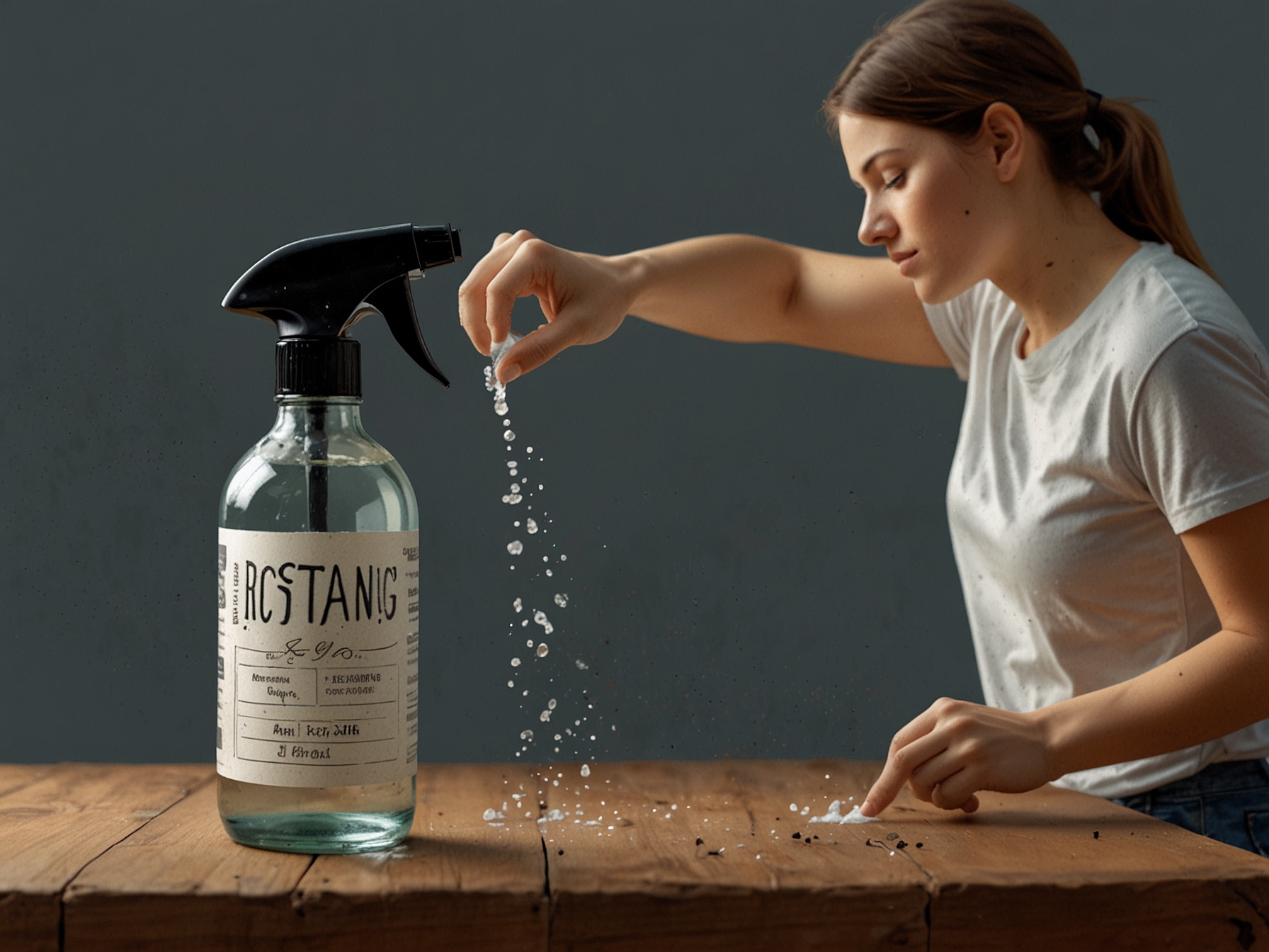 A person mixing water, white vinegar, and essential oils to create a homemade ant-repellent spray in a clean spray bottle, emphasizing the simplicity and natural ingredients.
