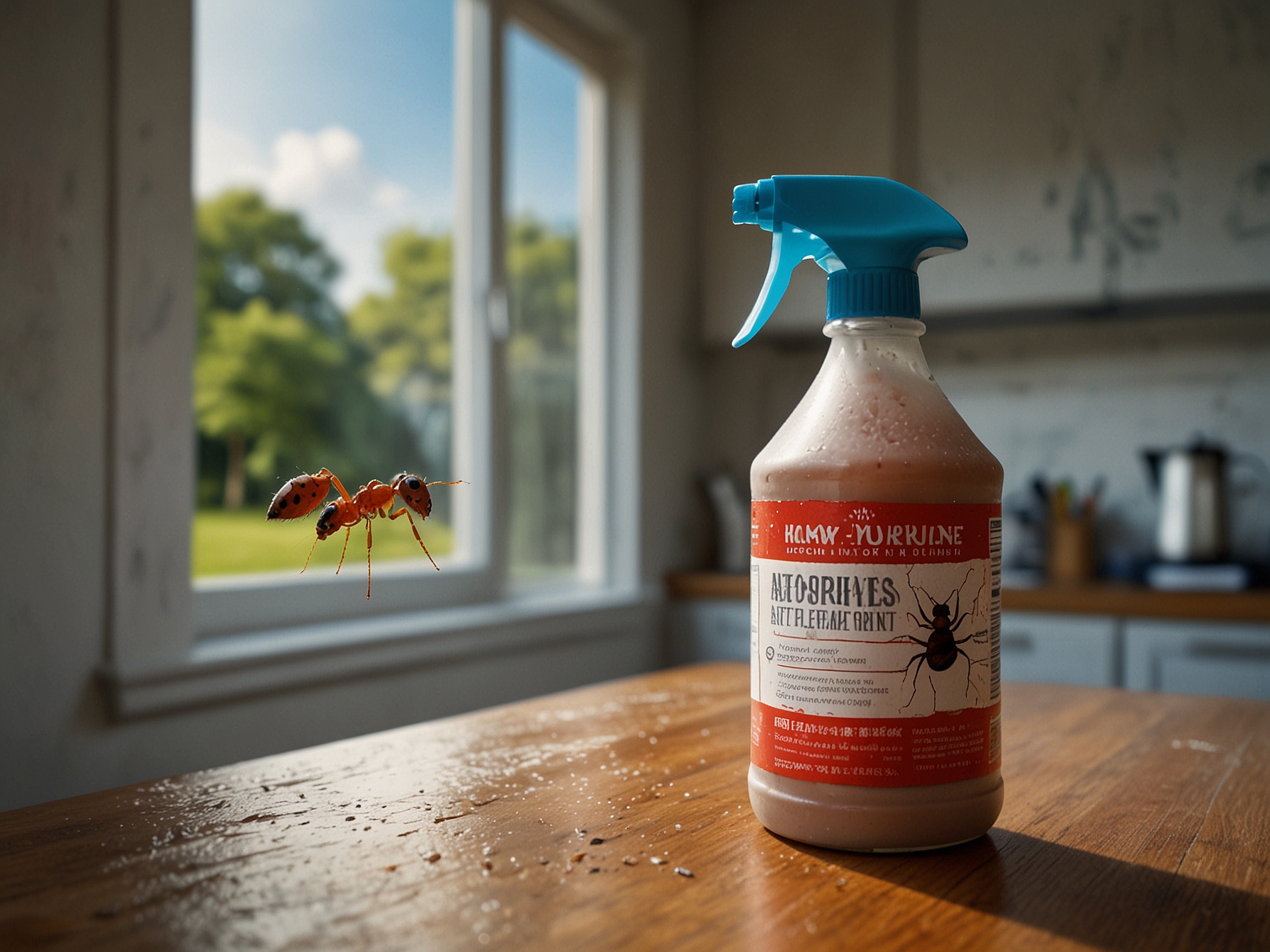 An image showing the homemade ant-repellent spray being applied to kitchen countertops and entry points like door frames and window sills to deter ants effectively.
