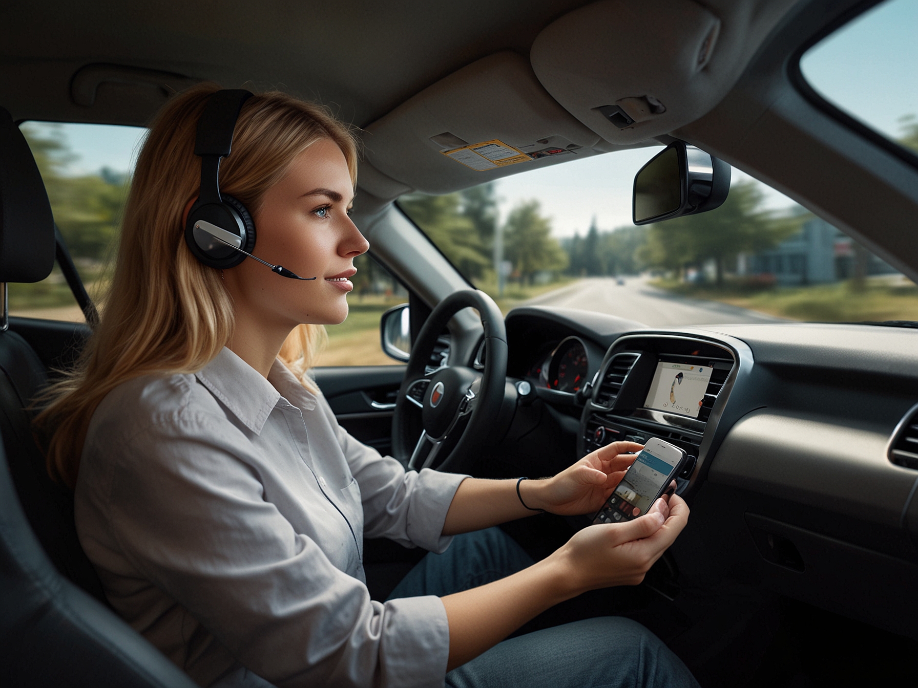 Illustration of a person driving while their mobile phone's Chrome browser reads aloud a webpage, highlighting the hands-free, voice reading feature.